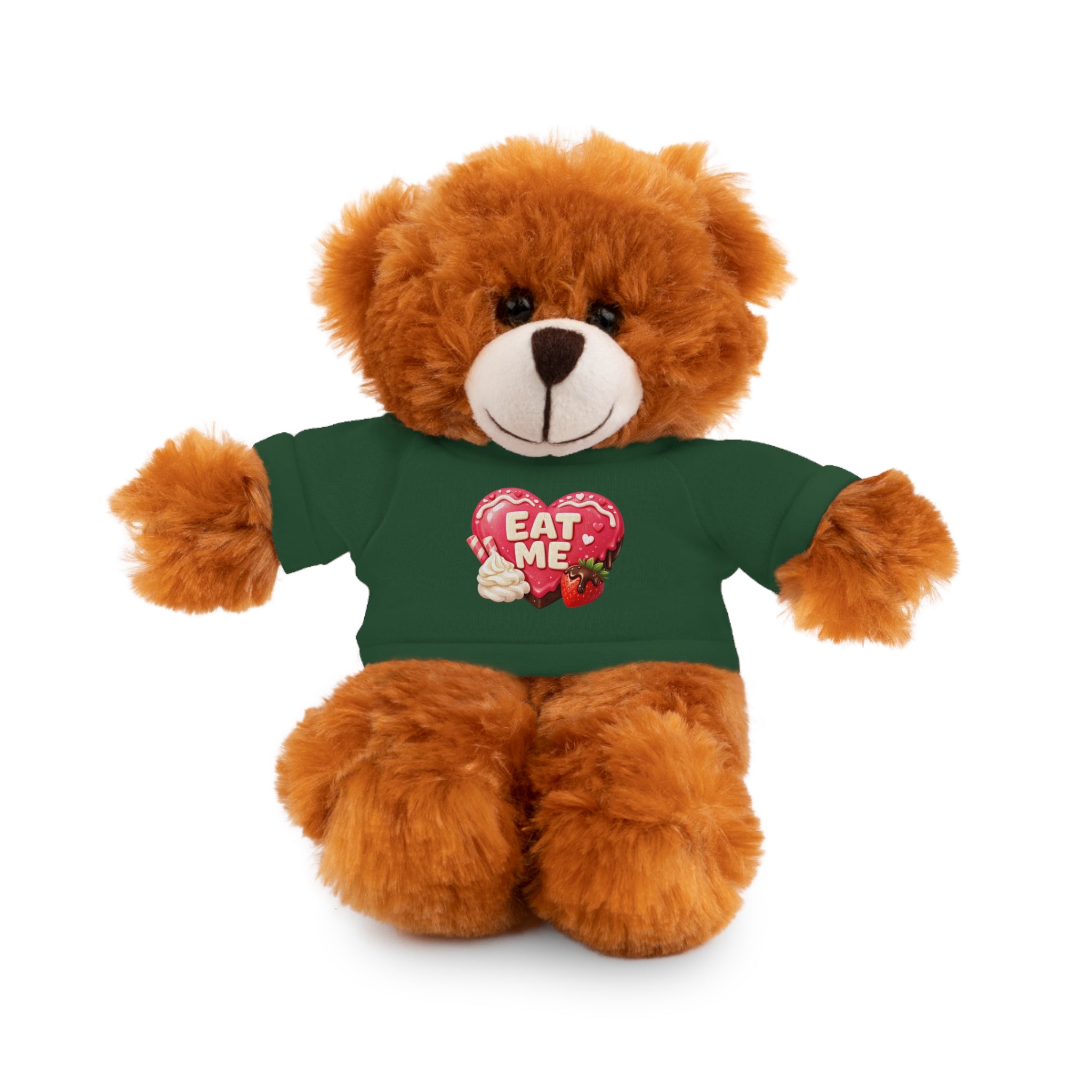 "EAT ME" Heart Tee Plush — Cute Brown Teddy, Sheep, Panda or Jaguar Stuffed Animal Gift