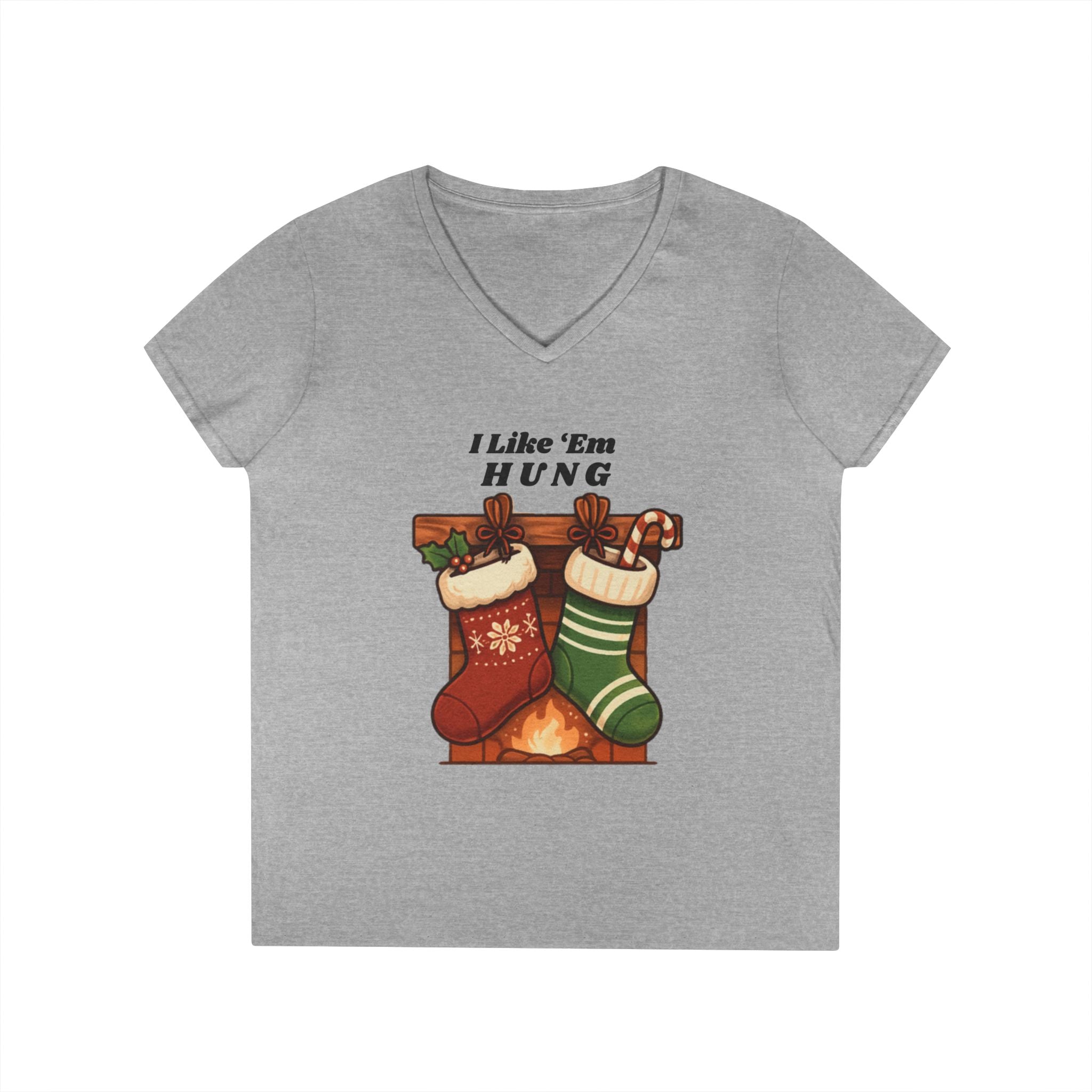 I Like 'Em Hung Christmas Stockings V-Neck T-Shirt | Holiday Stocking Design