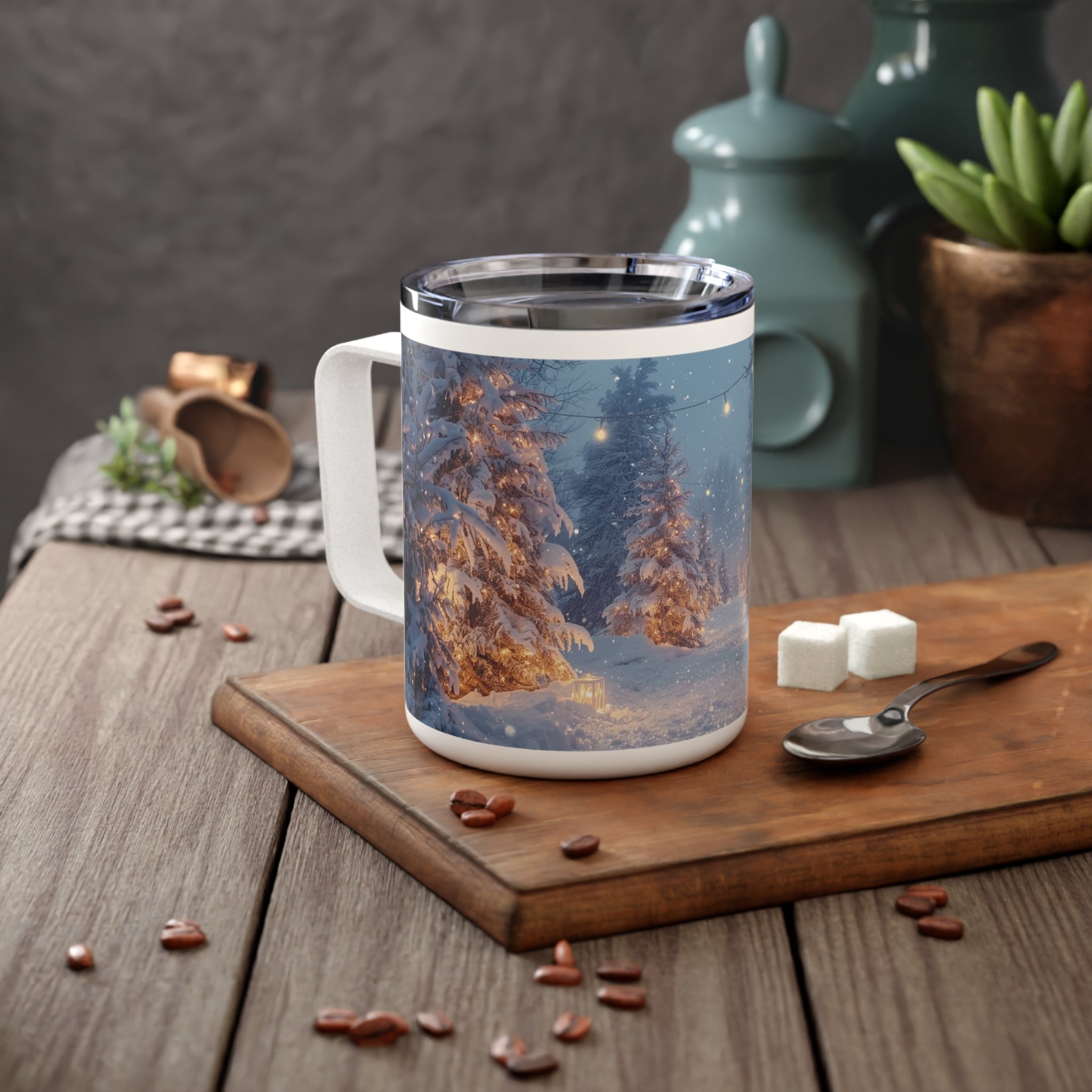 10oz Insulated Coffee Mug — Winter Snowy Forest with String Lights