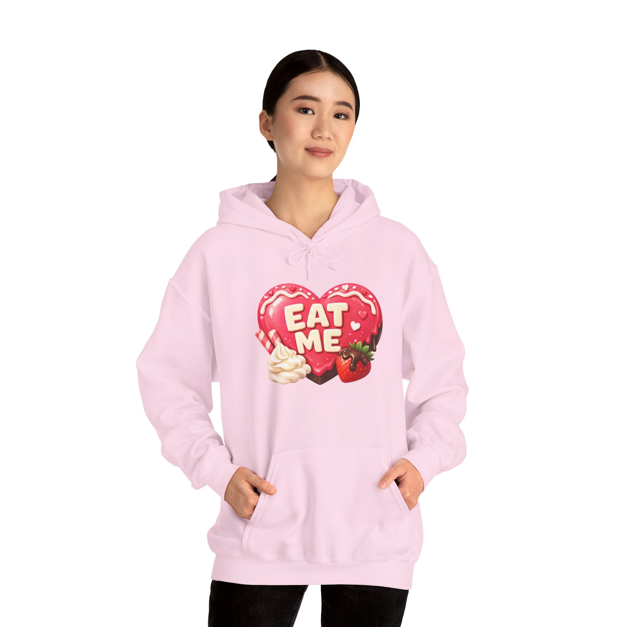 Eat Me Heart Graphic Hoodie — Strawberry Cream Dessert Design