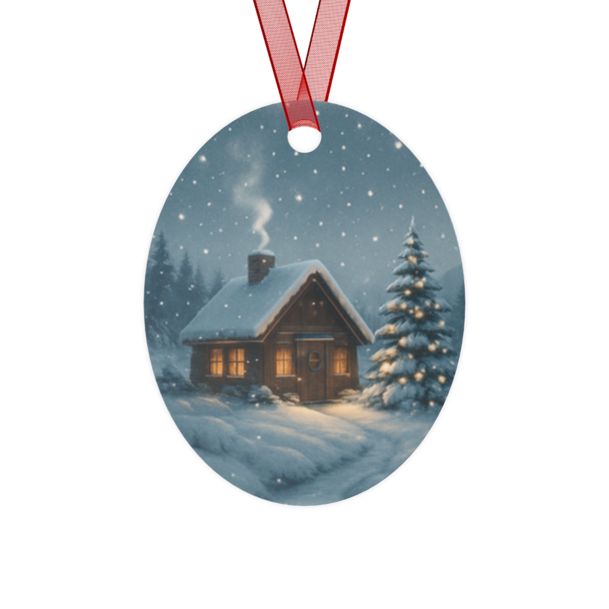 Snowy Cabin Bell Metal Ornament — Cozy Winter Christmas Tree Decoration