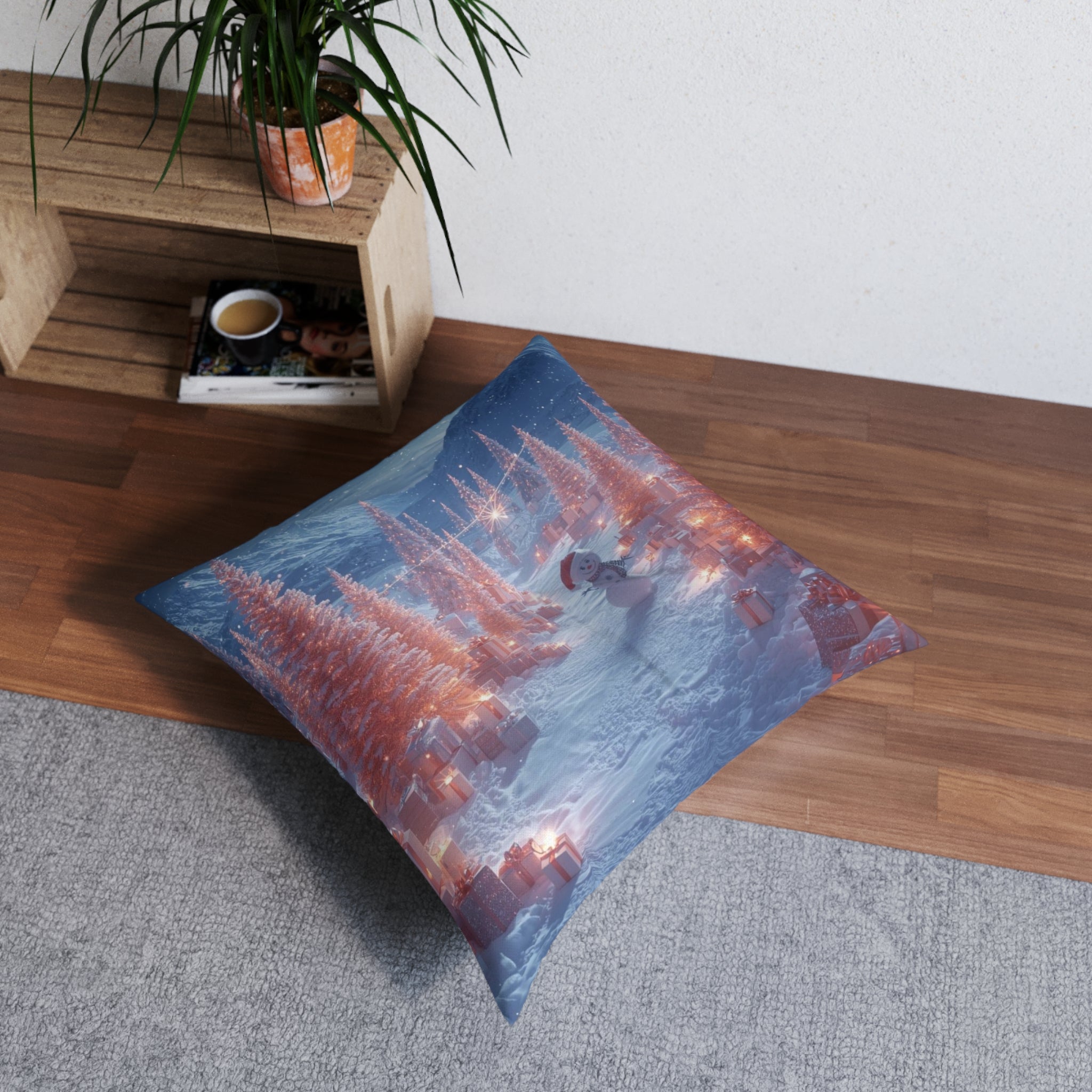 Winter Wonderland Square Floor Pillow — Snowman & Lit Christmas Trees Holiday Decor