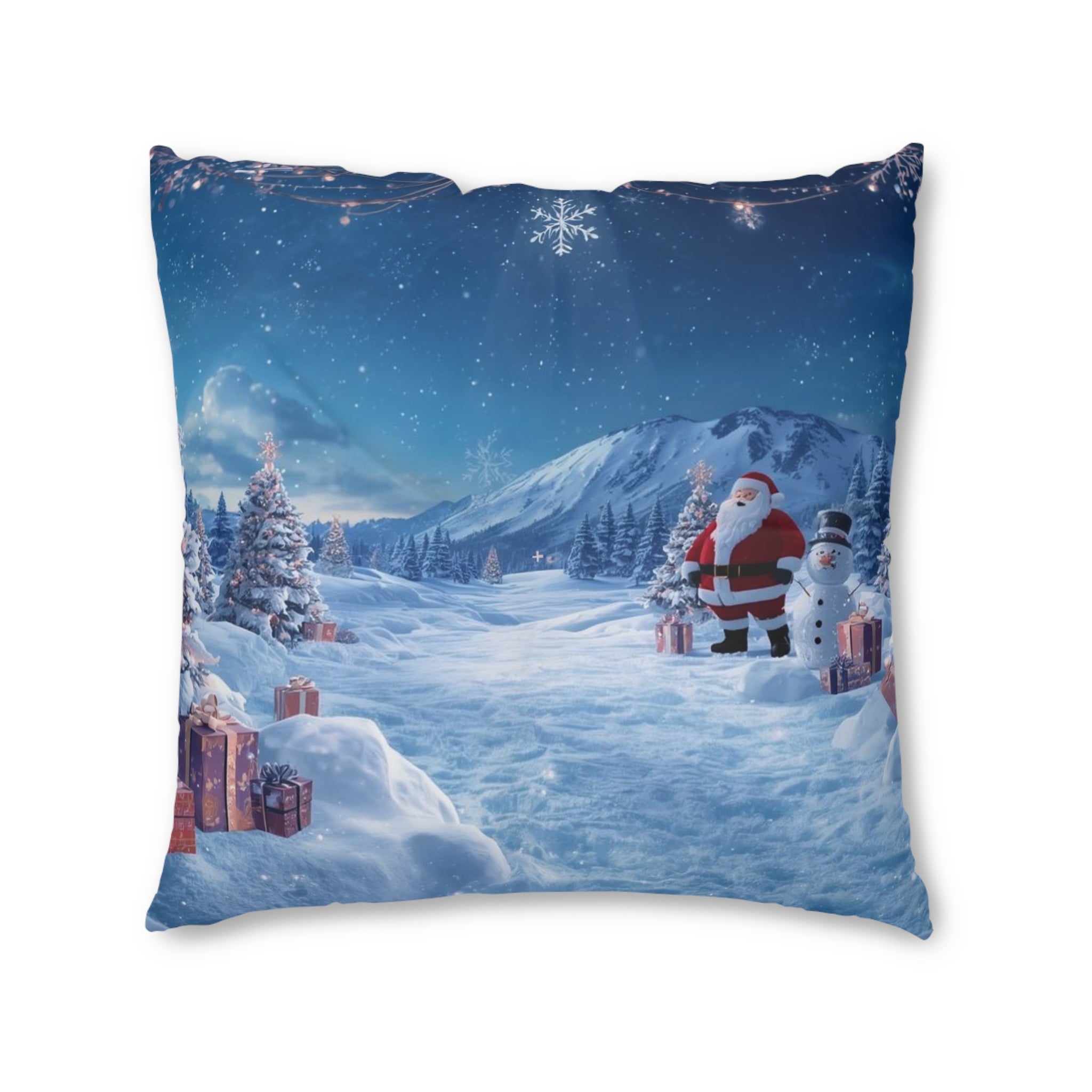 Christmas Winter Scene Floor Pillow — Santa & Snowy Mountain Holiday Decor