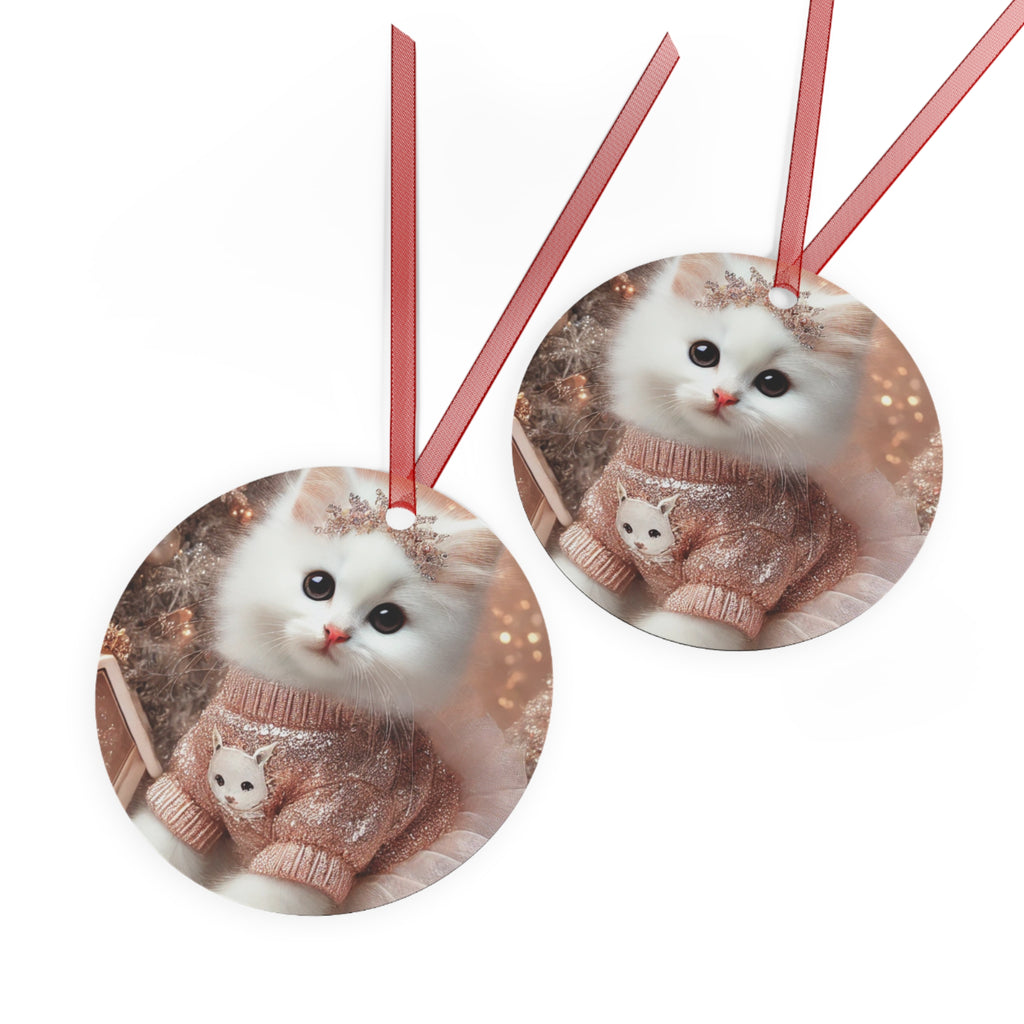 Cute White Kitten Metal Ornament — Christmas Cat in Cozy Sweater Holiday Decoration