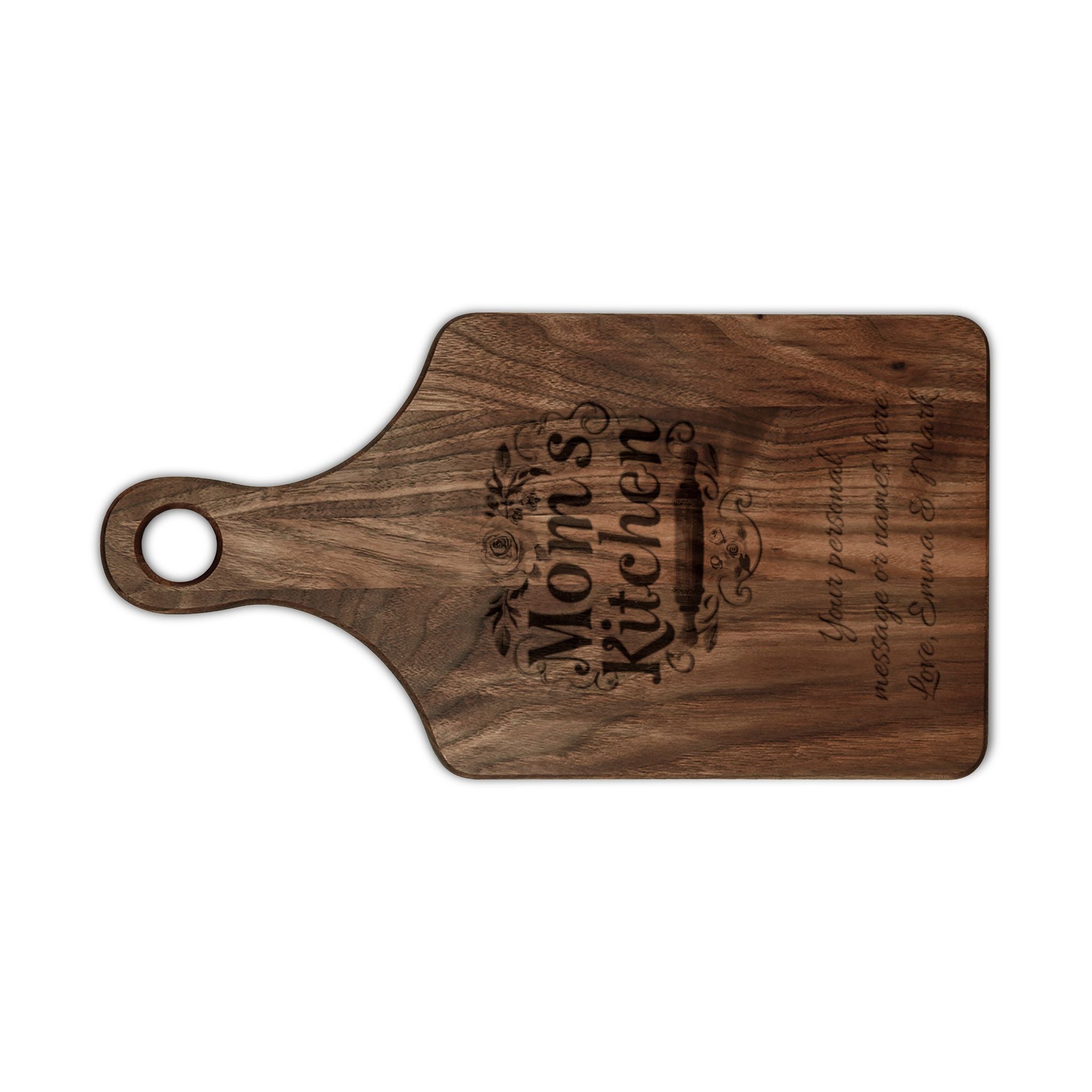Engraved "Mom's Kitchen" Wooden Cutting Board – Personalized Floral Charcuterie & Serving Paddle, Mother's Day Gift