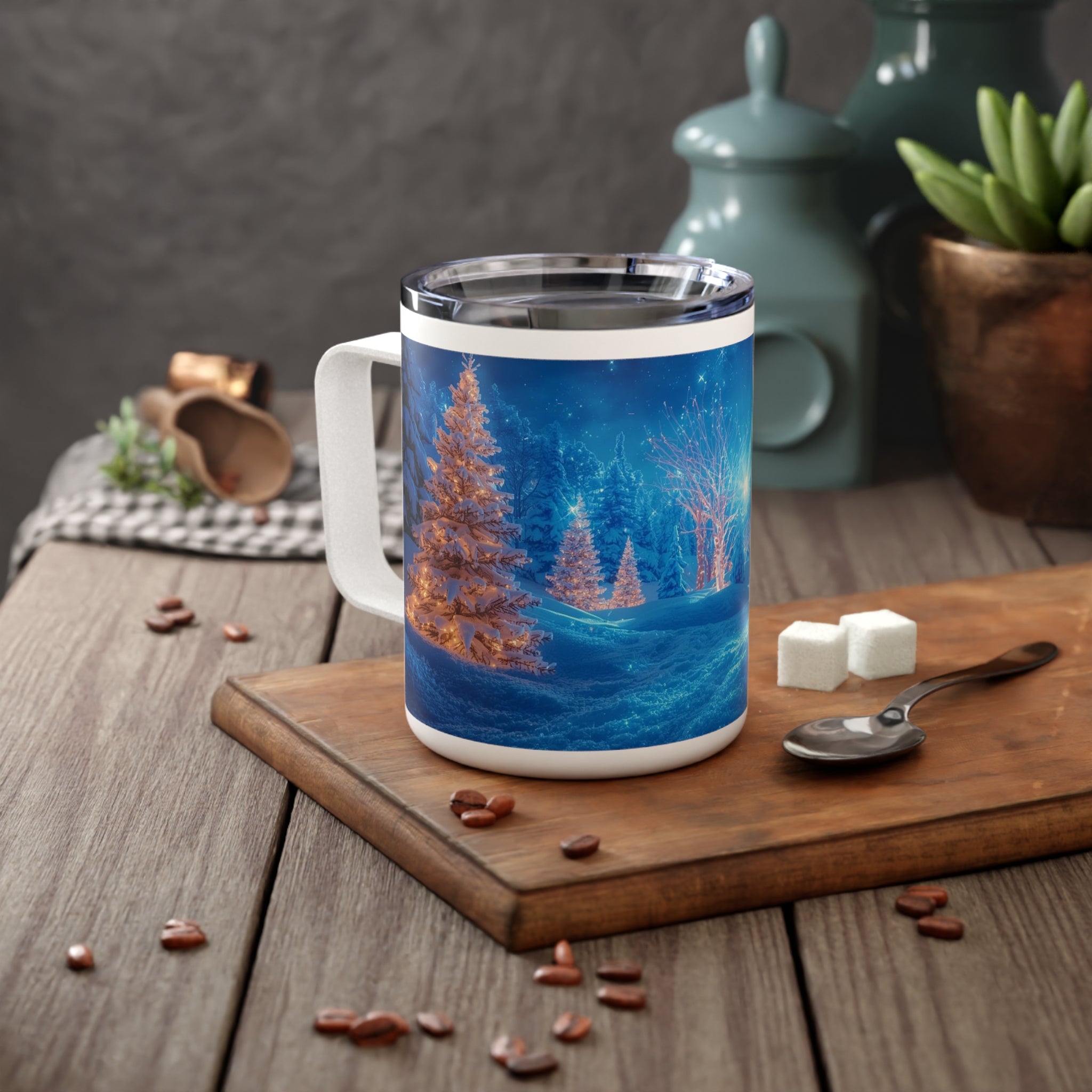 10oz Insulated Coffee Mug — Blue Snowy Winter Wonderland Holiday Scene