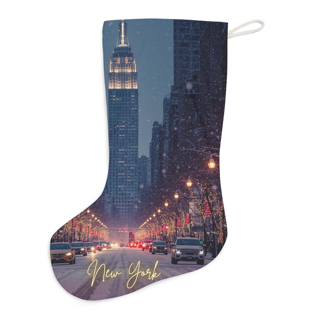 New York Snowy Street Christmas Stocking — Holiday Santa Stocking with Empire State Design