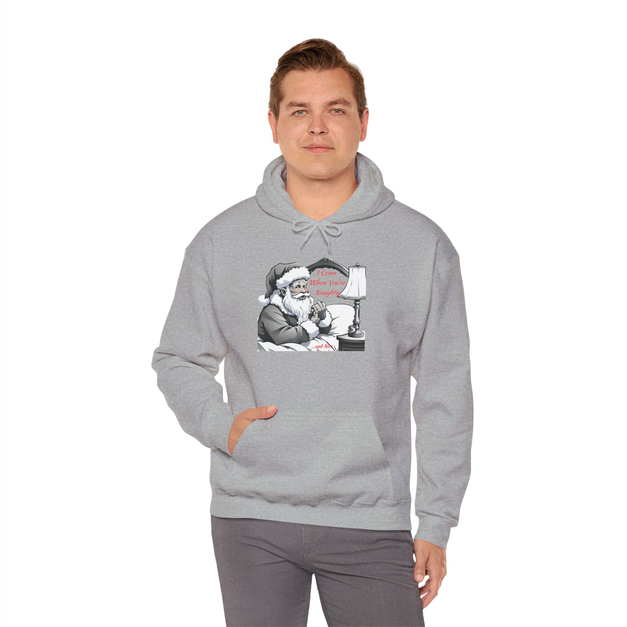 Adult Themed Santa In Bed Hoodie - 'I Come When You're Naughty' Christmas Attire