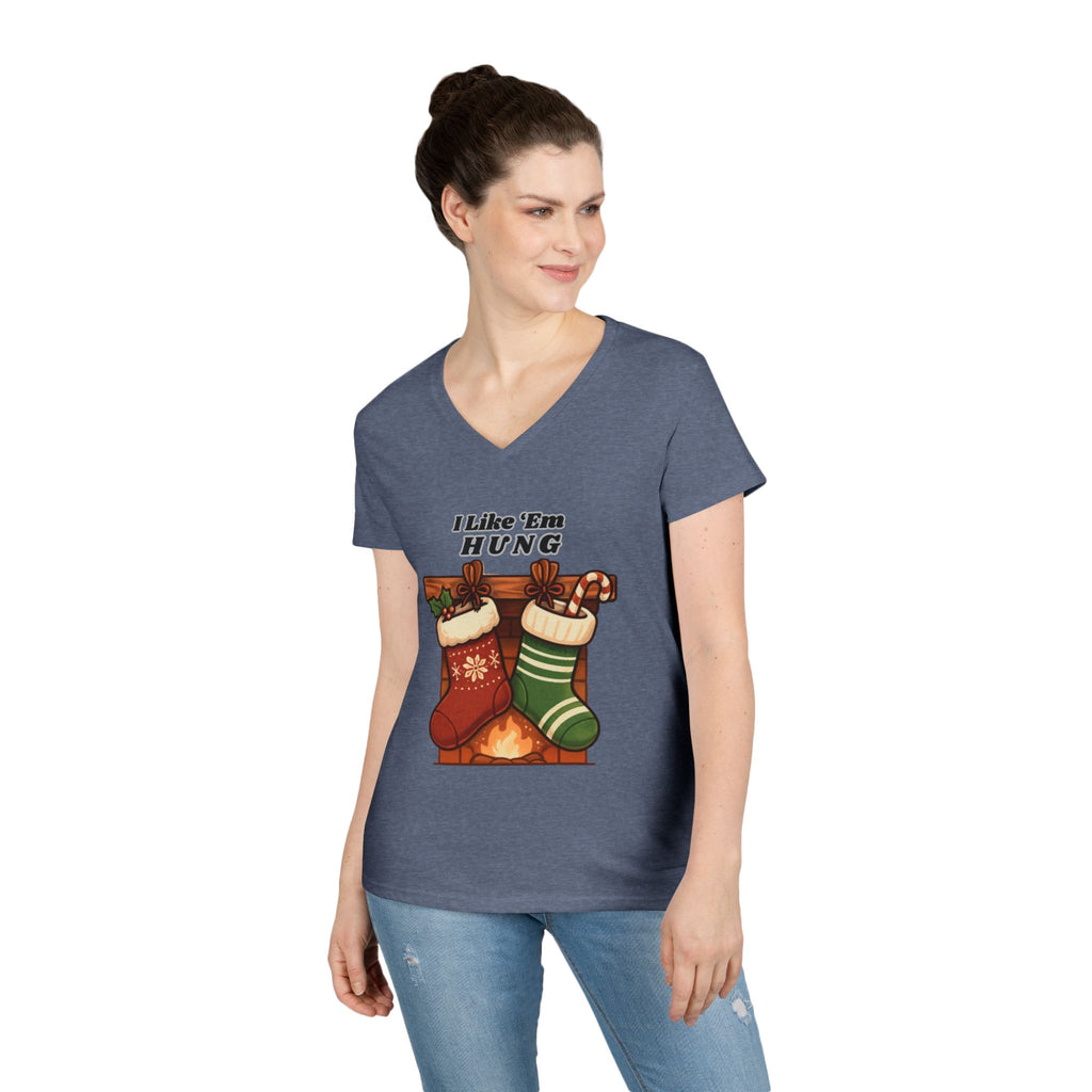 I Like 'Em Hung Christmas Stockings V-Neck T-Shirt | Holiday Stocking Design