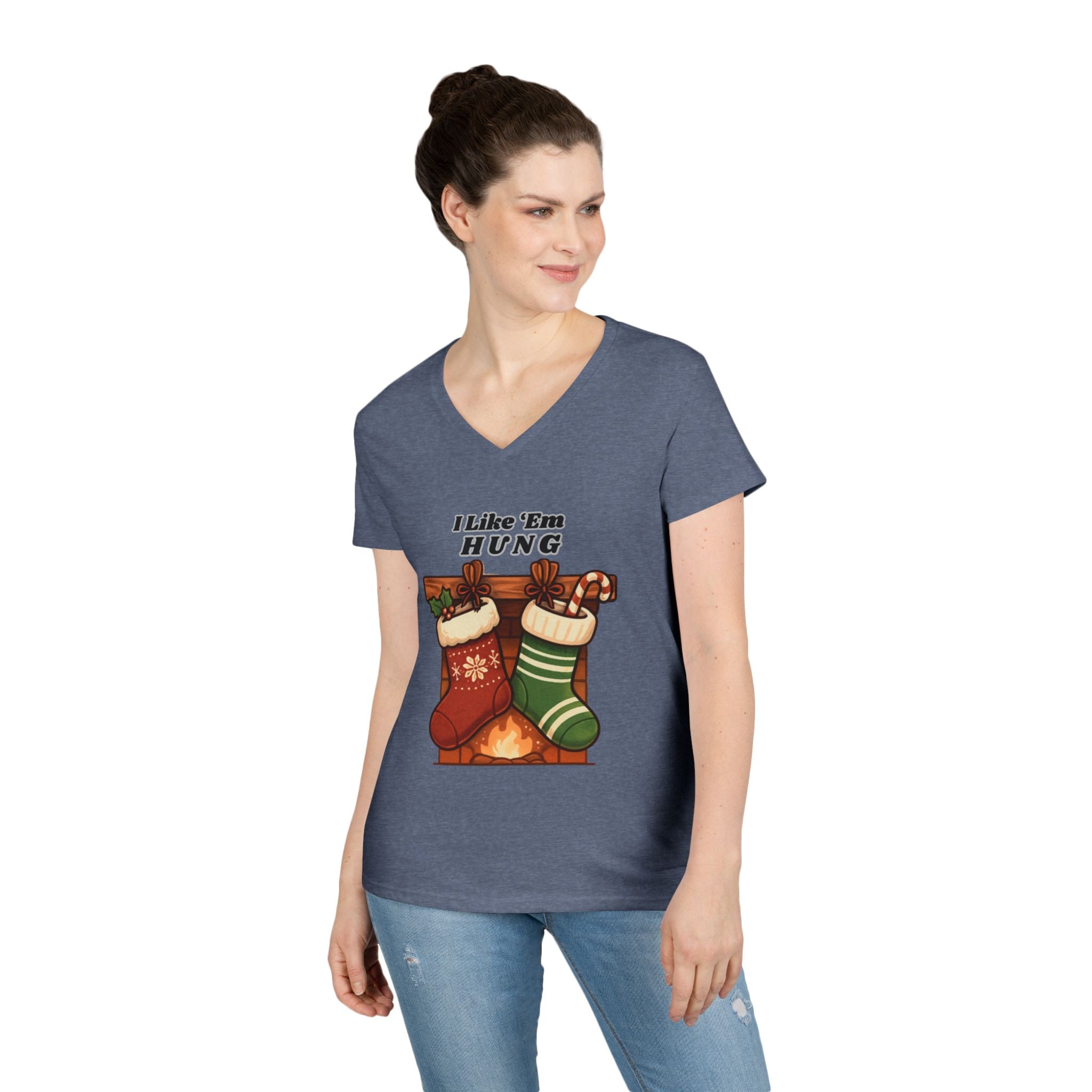 I Like 'Em Hung Christmas Stockings V-Neck T-Shirt | Holiday Stocking Design