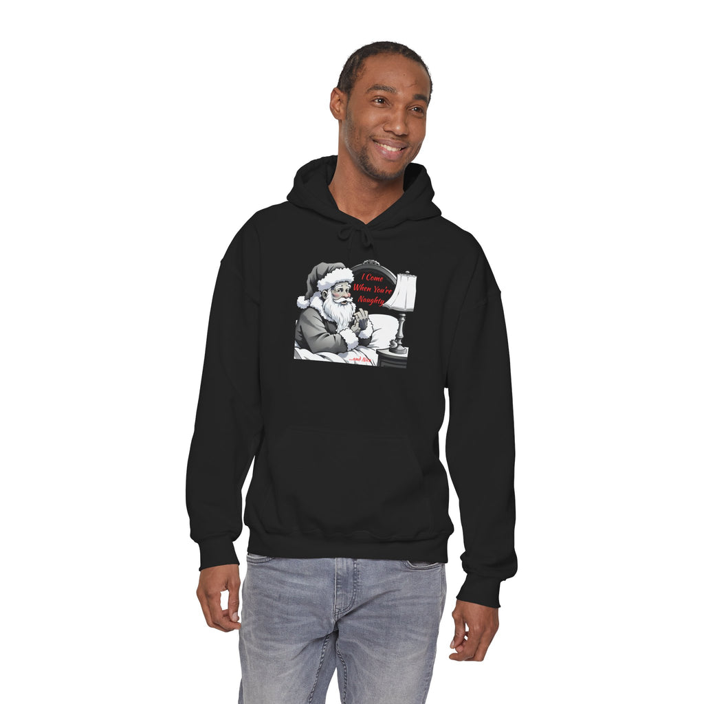 Adult Themed Santa In Bed Hoodie - 'I Come When You're Naughty' Christmas Attire