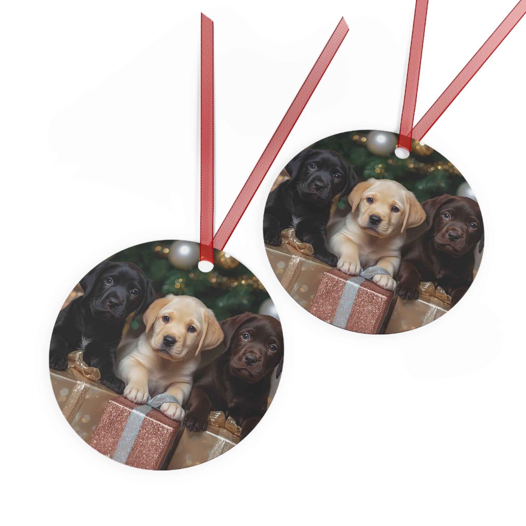 Christmas Puppy Metal Ornament — Labrador Retriever Trio Holiday Decoration