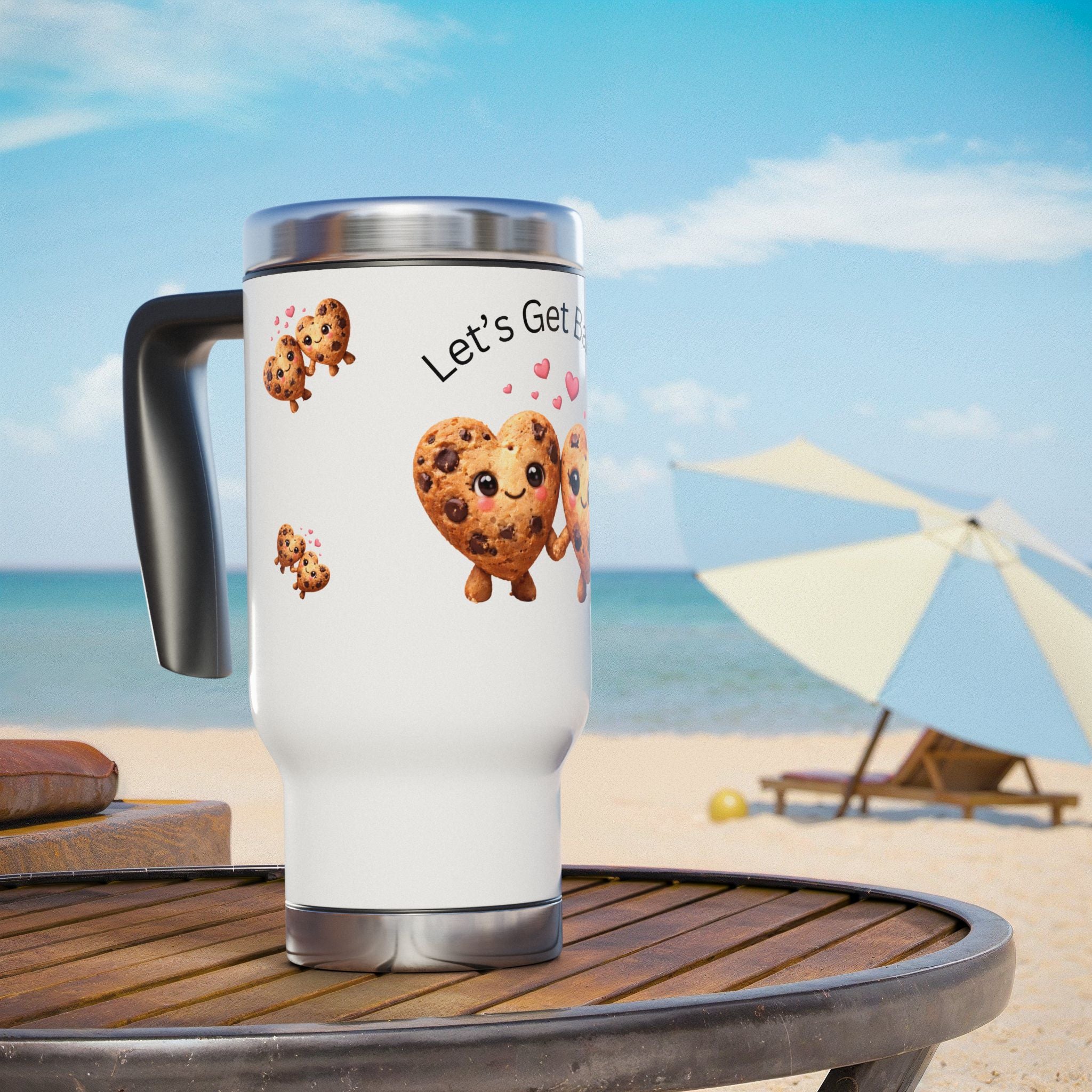 Let's Get Baked 14oz Stainless Steel Travel Mug — Heart Cookie Coffee Tumbler with Handle