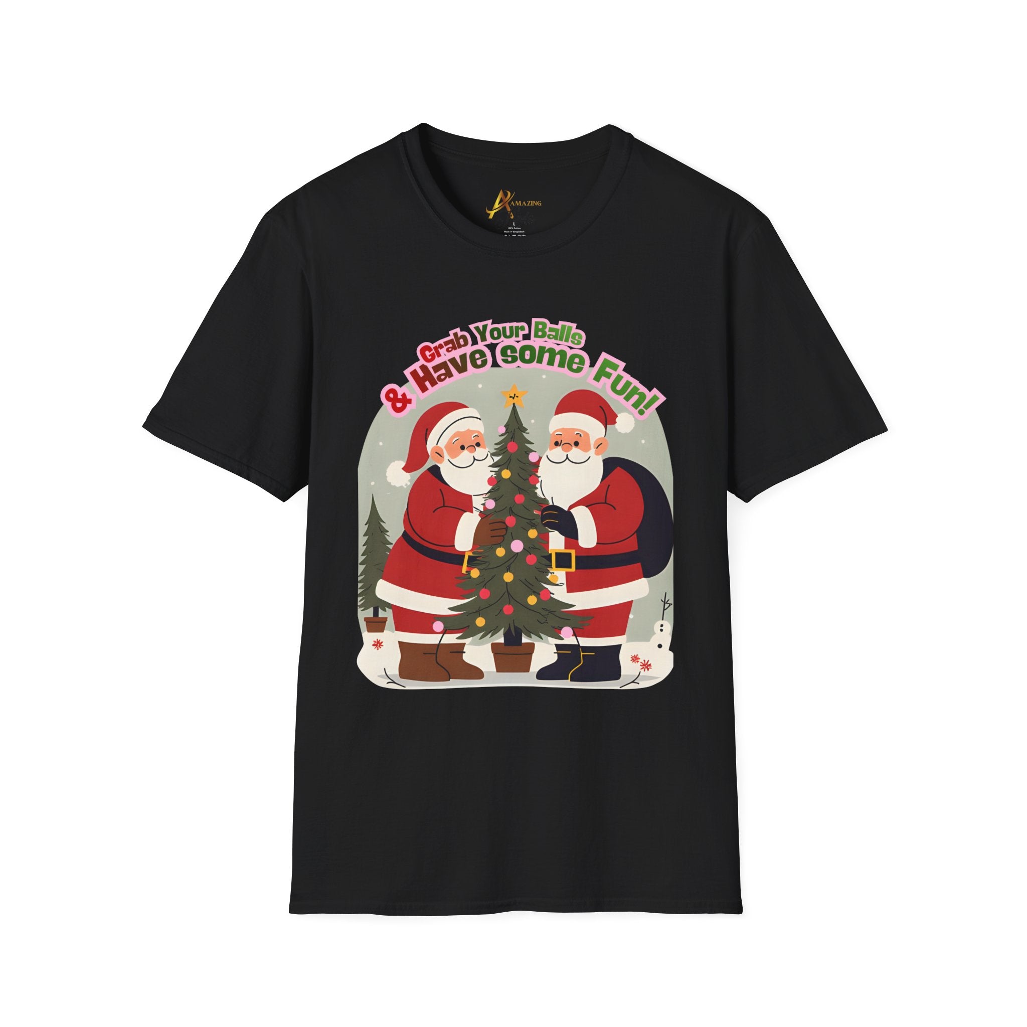 Adult Themed 2 Santa's Christmas T-Shirt — 'Grab Your Balls & Have Some Fun!'