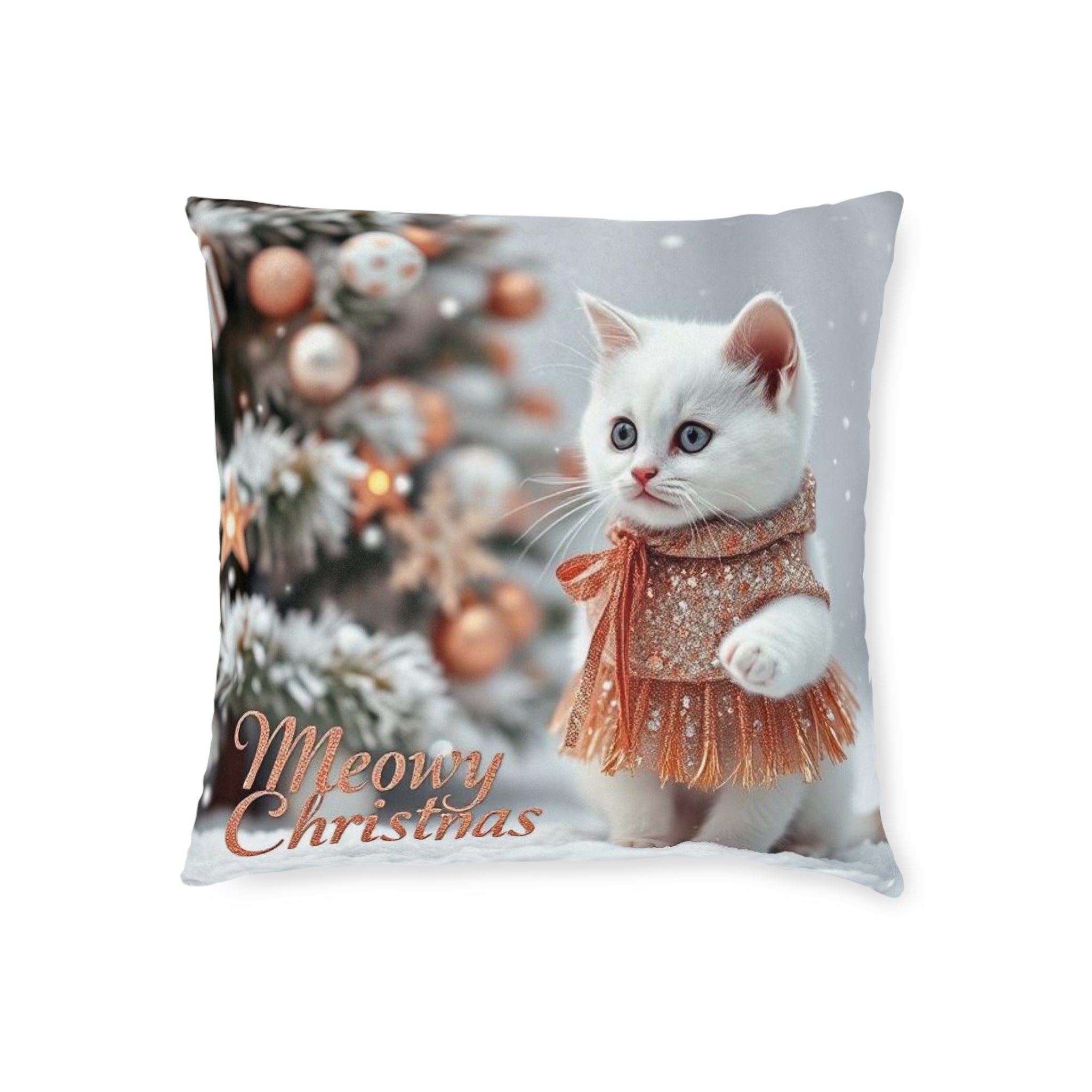 Christmas Kitten Square Pillow — "Meowy Christmas" Pink Back Decorative Throw Pillow