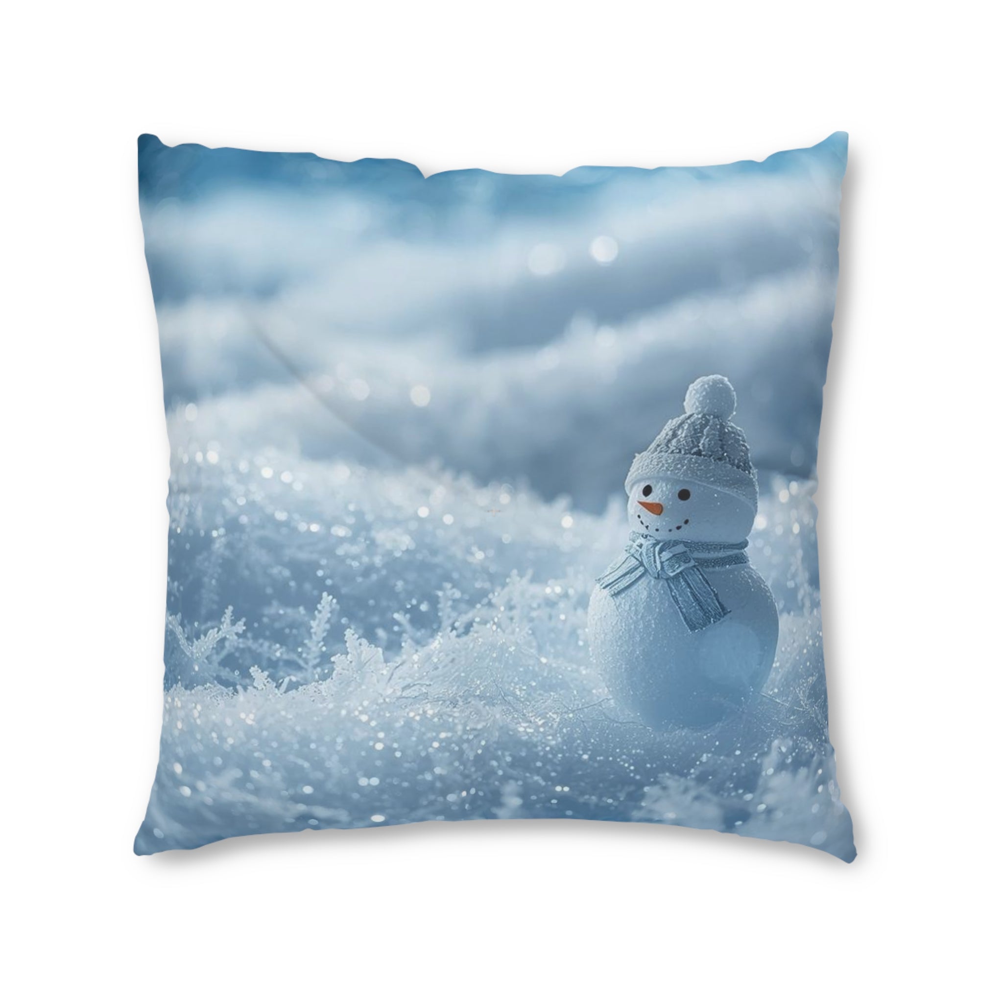 Snowy Scene Floor Pillow — Winter Snowman Square Tufted Cushion