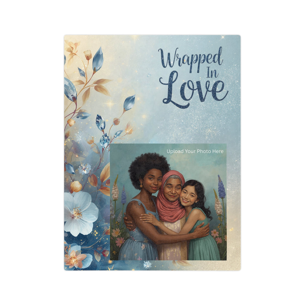 Personalized Mothers Day Photo Blanket for Mom - Custom Floral Blue Throw Gift