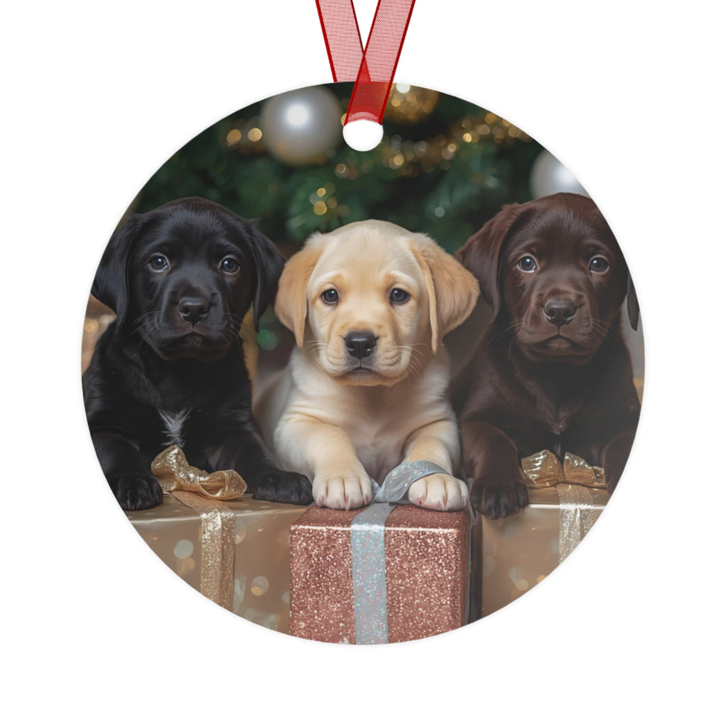 Christmas Puppy Metal Ornament — Labrador Retriever Trio Holiday Decoration
