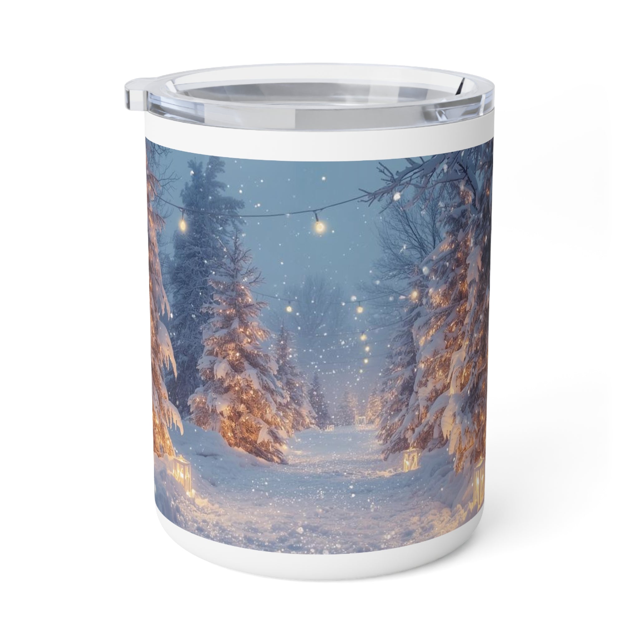 10oz Insulated Coffee Mug — Winter Snowy Forest with String Lights
