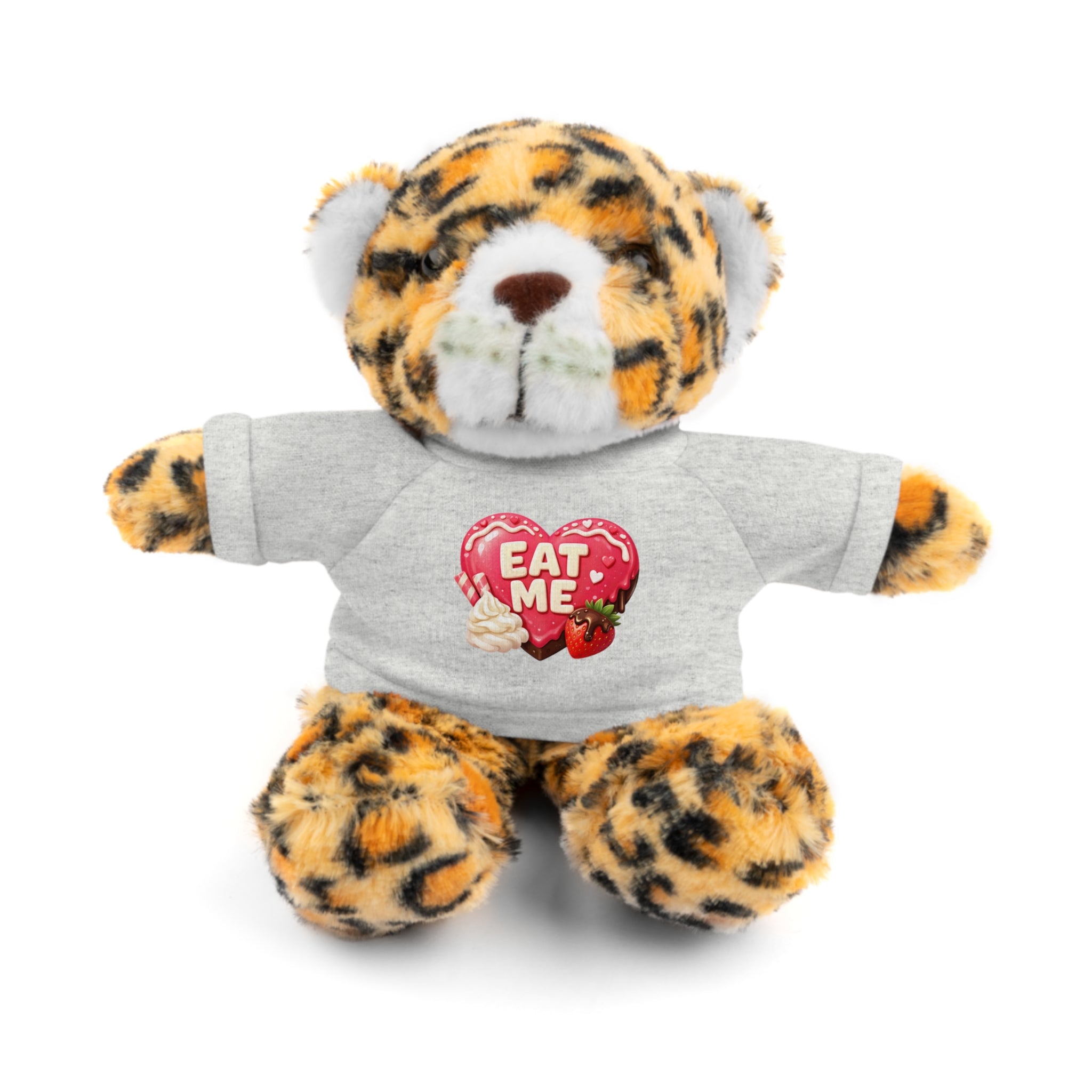 "EAT ME" Heart Tee Plush — Cute Brown Teddy, Sheep, Panda or Jaguar Stuffed Animal Gift