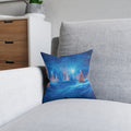 Square Pillow - Wonderland Decorative Pillow Blue Snowy Trees Pink Back