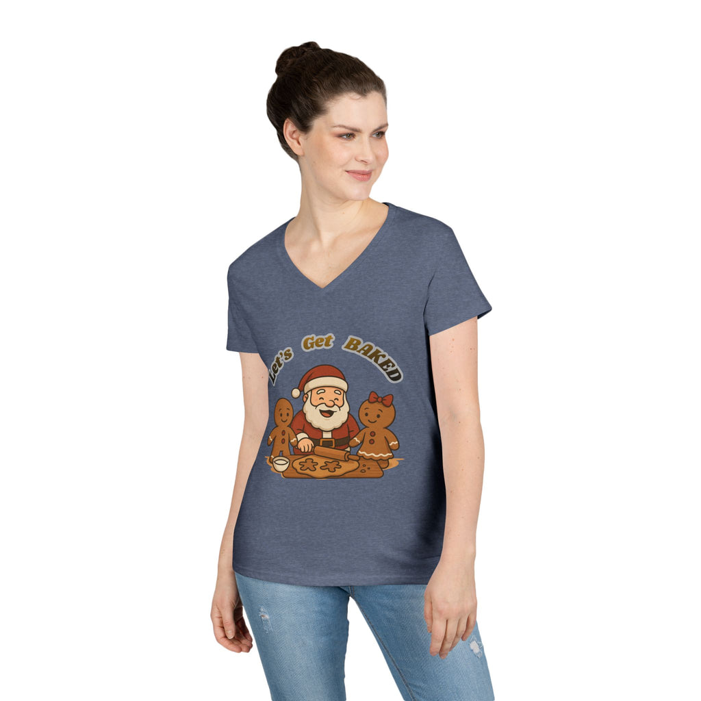 Adult Themed Santa Baking V-Neck Tee — 'Let’s Get Baked' Christmas Attire