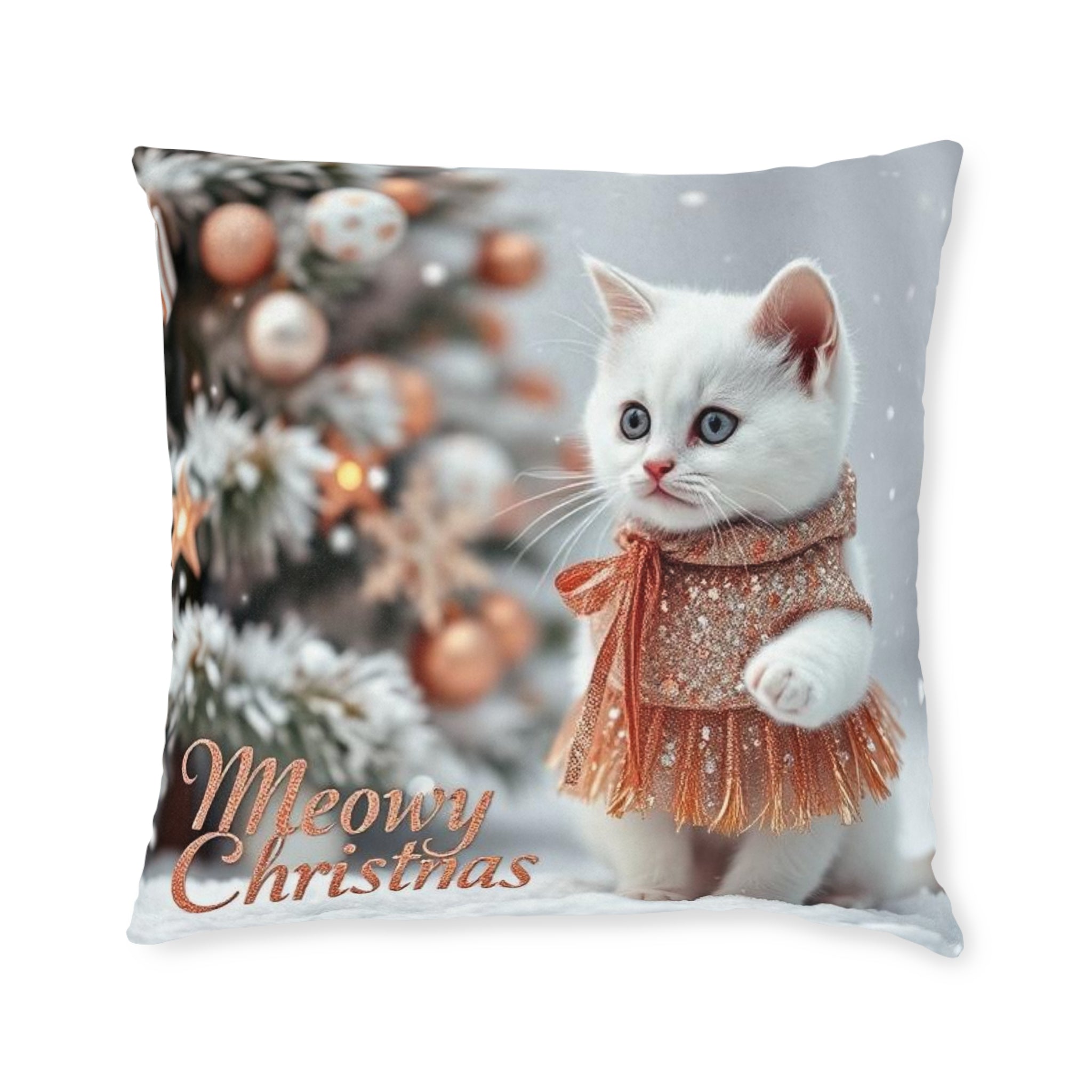 Christmas Kitten Square Pillow — "Meowy Christmas" Pink Back Decorative Throw Pillow