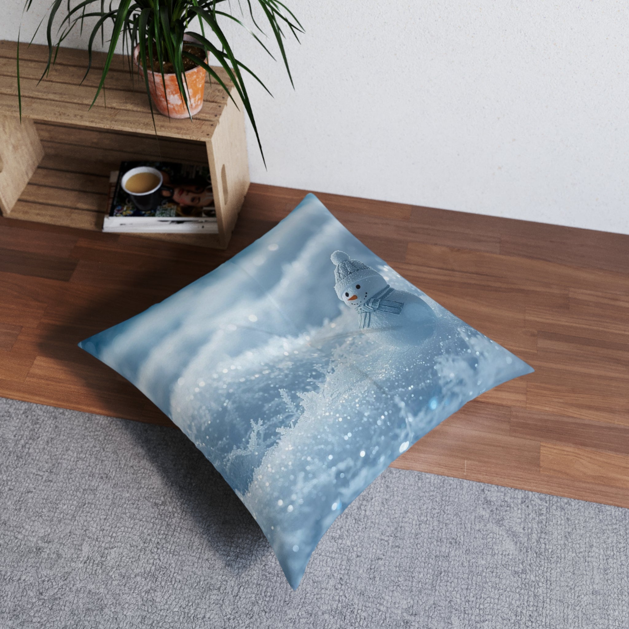 Snowy Scene Floor Pillow — Winter Snowman Square Tufted Cushion