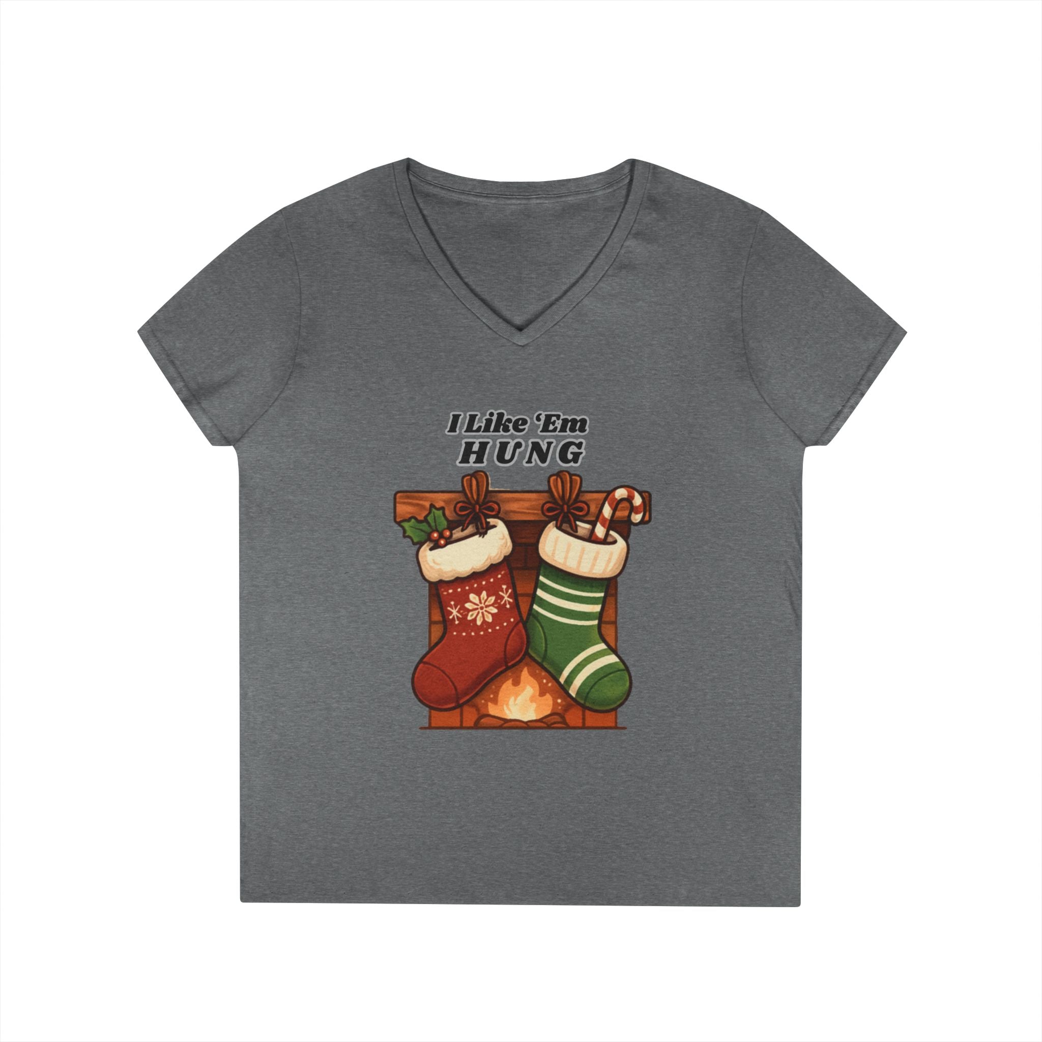I Like 'Em Hung Christmas Stockings V-Neck T-Shirt | Holiday Stocking Design