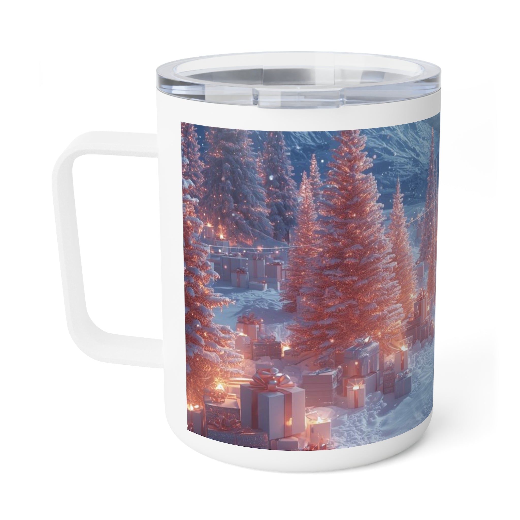 10oz Insulated Coffee Mug — Cozy Snowy Christmas Village with Snowman