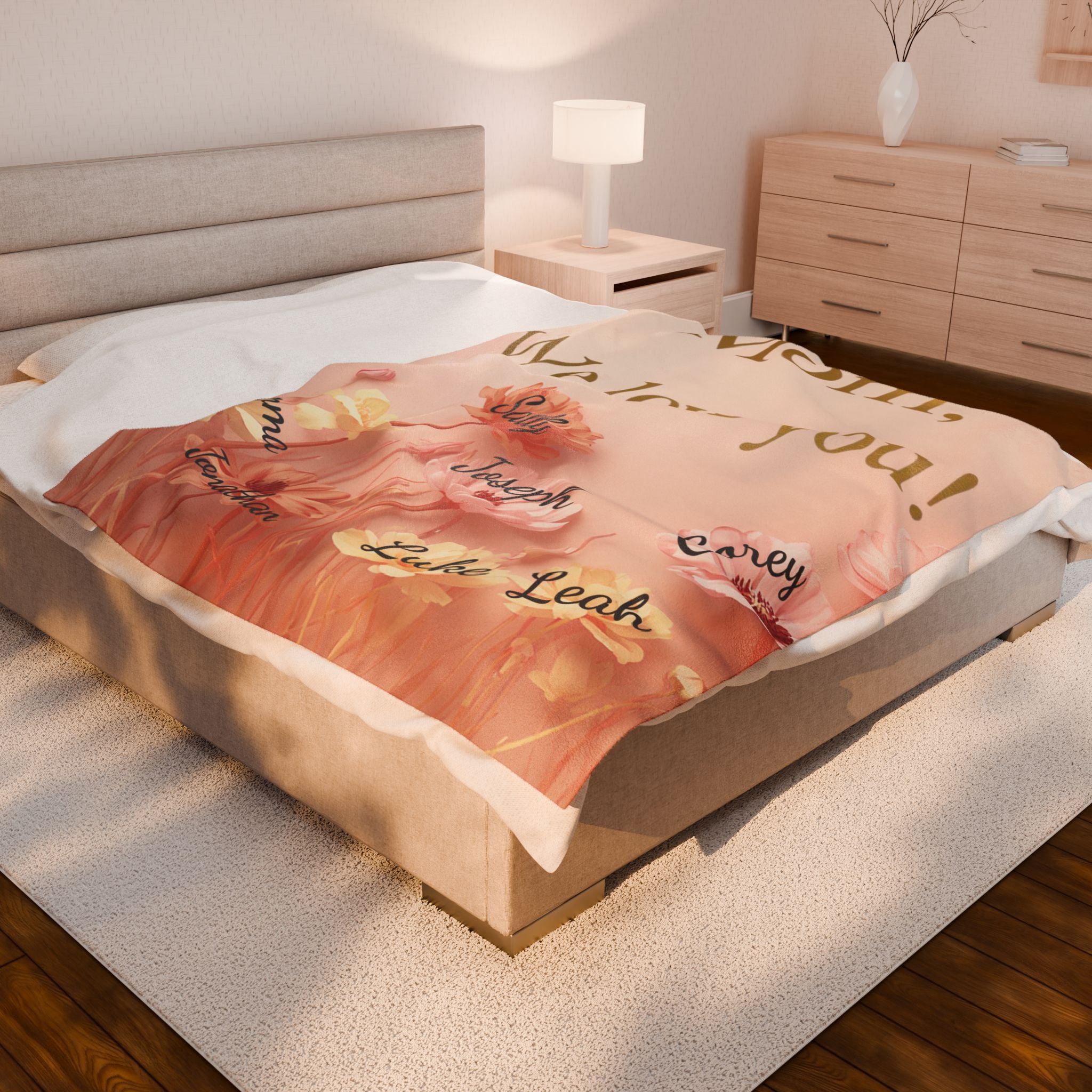 Velveteen Plush Blanket — "Mom, We Love You!" Personalized Floral Family Names Throw