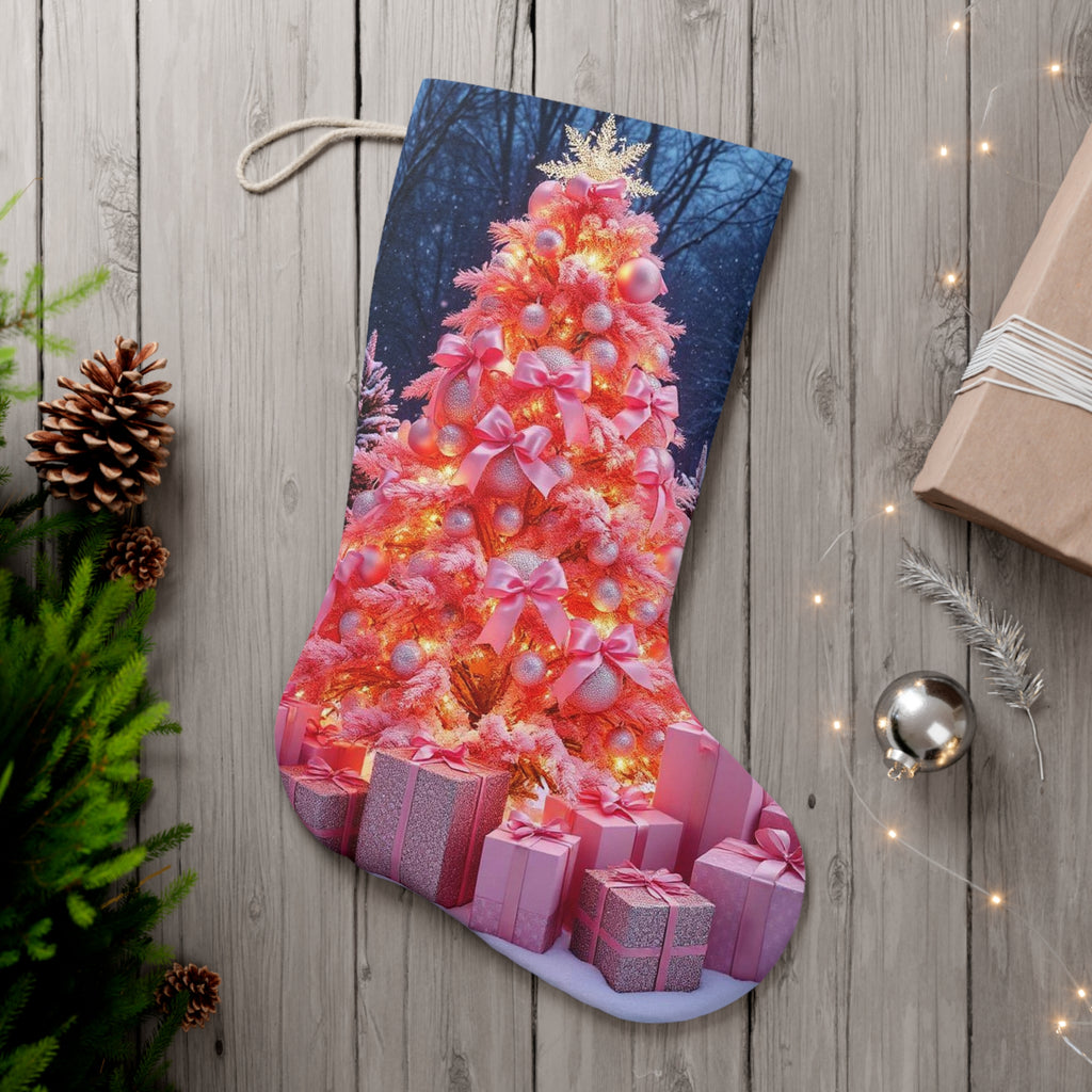 Pink Christmas Stocking with Festive Tree & Gifts