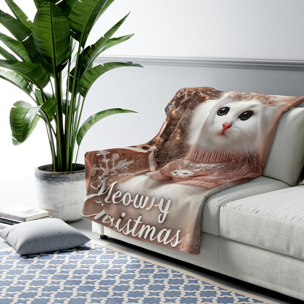 Sherpa Blanket - Christmas White Kitty Cat Rose Gold Sparkle