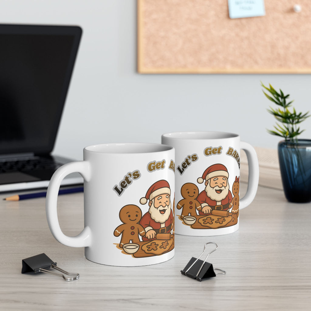 Christmas Mug - "Let's Get Baked" Santa & Gingerbread Holiday Ceramic Coffee Mug (11oz, 15oz)