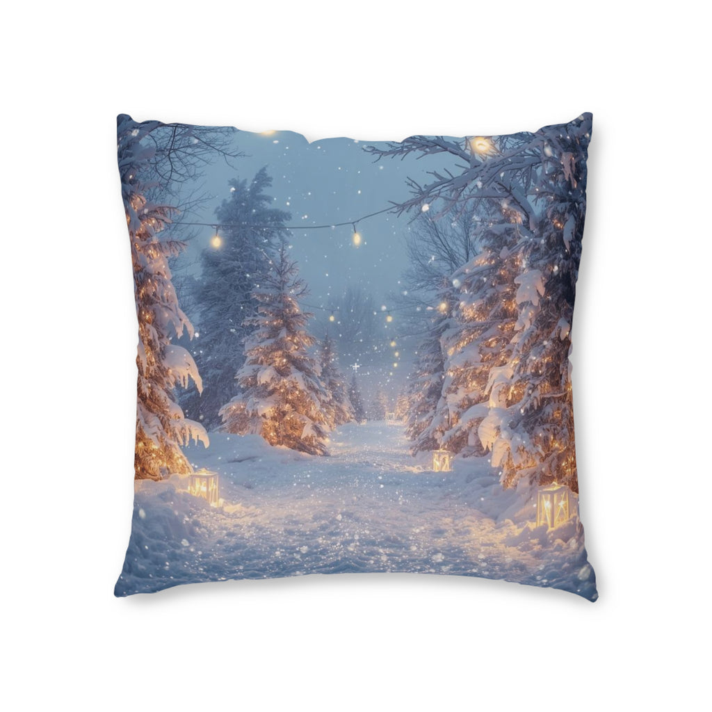 Winter Forest Snow Scene Tufted Floor Pillow — Cozy Holiday Decorative Cushion