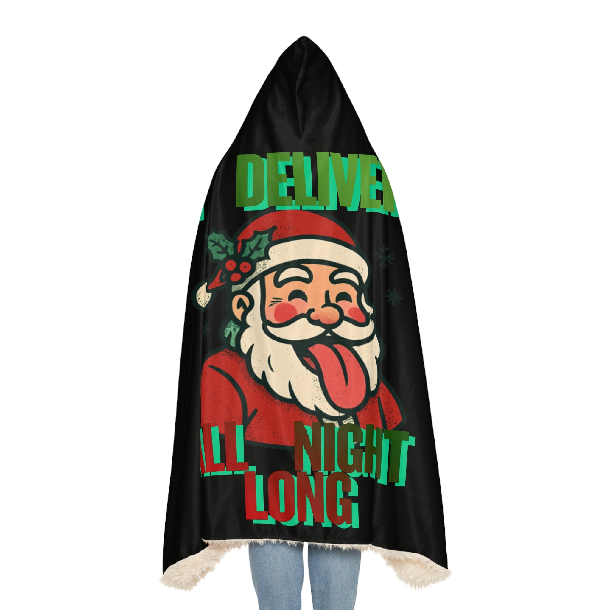 Black Snuggle Blanket — Funny “I Deliver All Night Long” Santa Hooded Blanket for Christmas Gag Gift