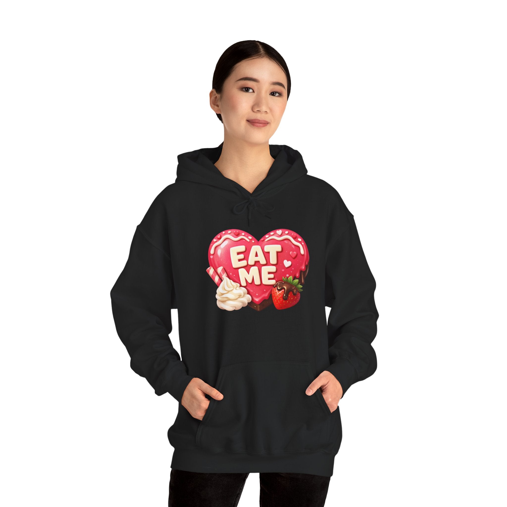 Eat Me Heart Graphic Hoodie — Strawberry Cream Dessert Design