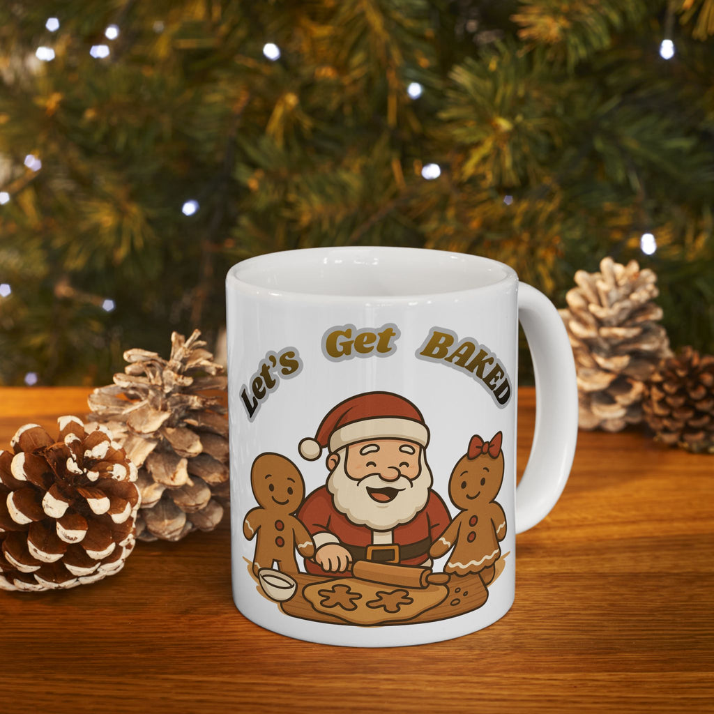 Christmas Mug - "Let's Get Baked" Santa & Gingerbread Holiday Ceramic Coffee Mug (11oz, 15oz)