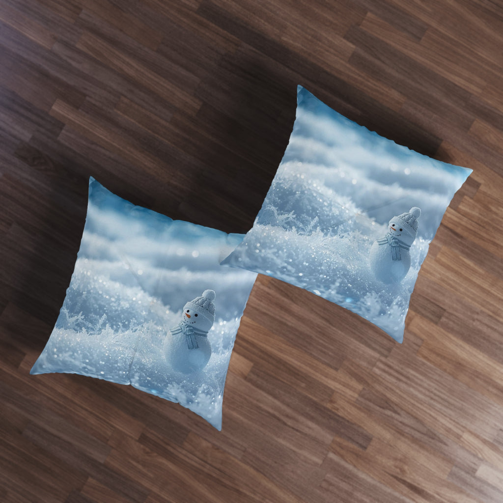 Snowy Scene Floor Pillow — Winter Snowman Square Tufted Cushion