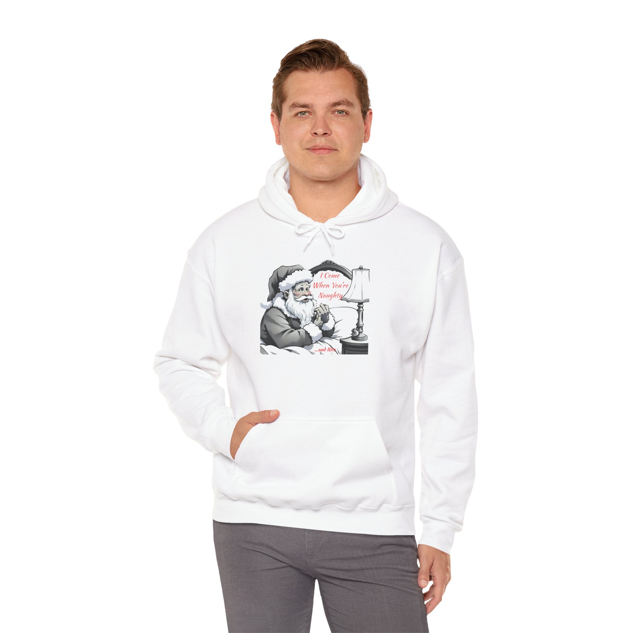Adult Themed Santa In Bed Hoodie - 'I Come When You're Naughty' Christmas Attire