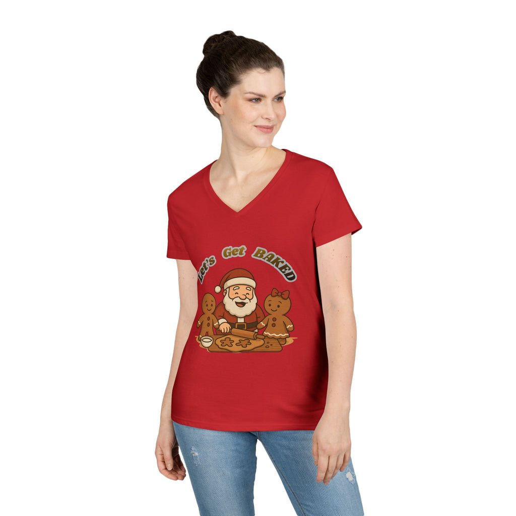Adult Themed Santa Baking V-Neck Tee — 'Let’s Get Baked' Christmas Attire