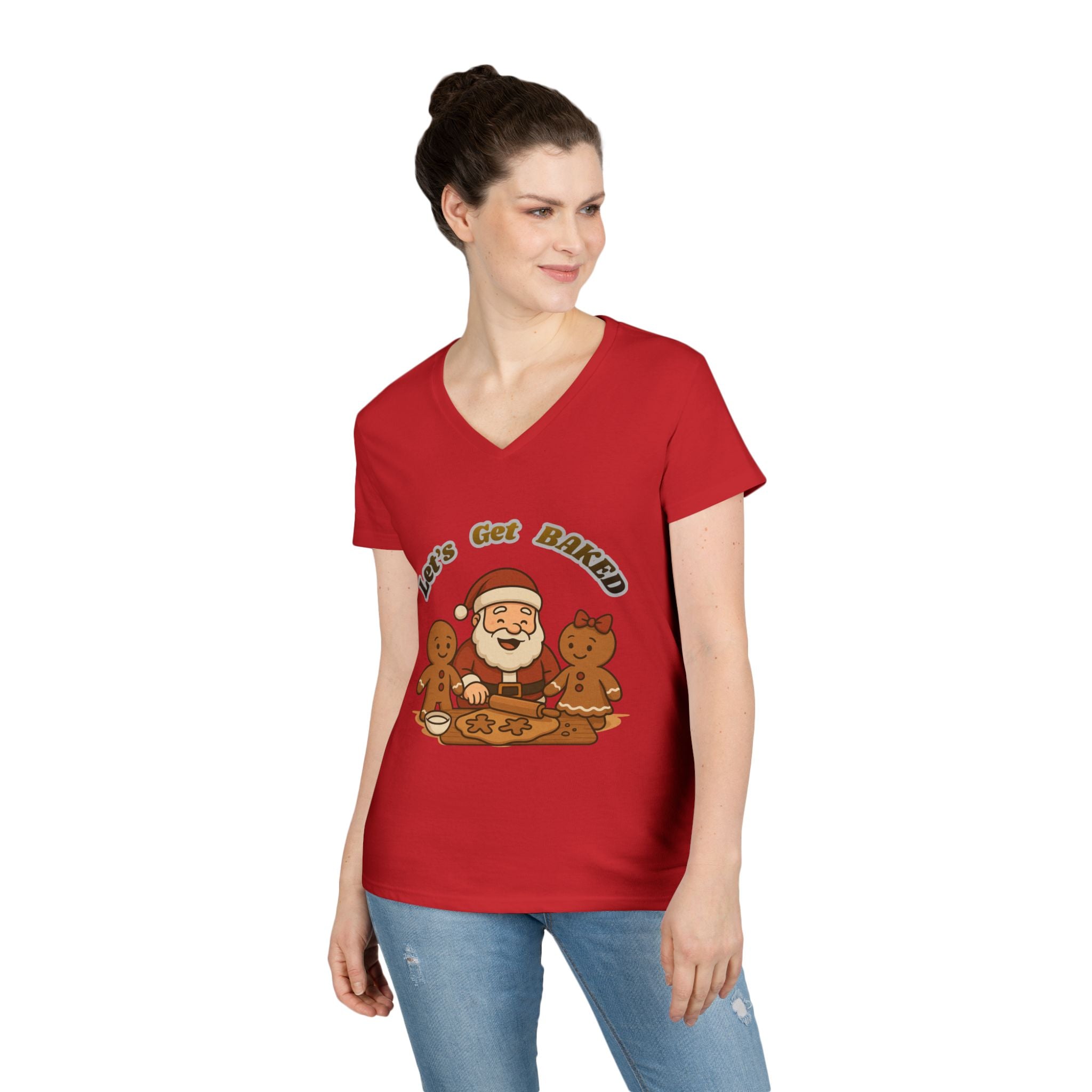 Adult Themed Santa Baking V-Neck Tee — 'Let’s Get Baked' Christmas Attire