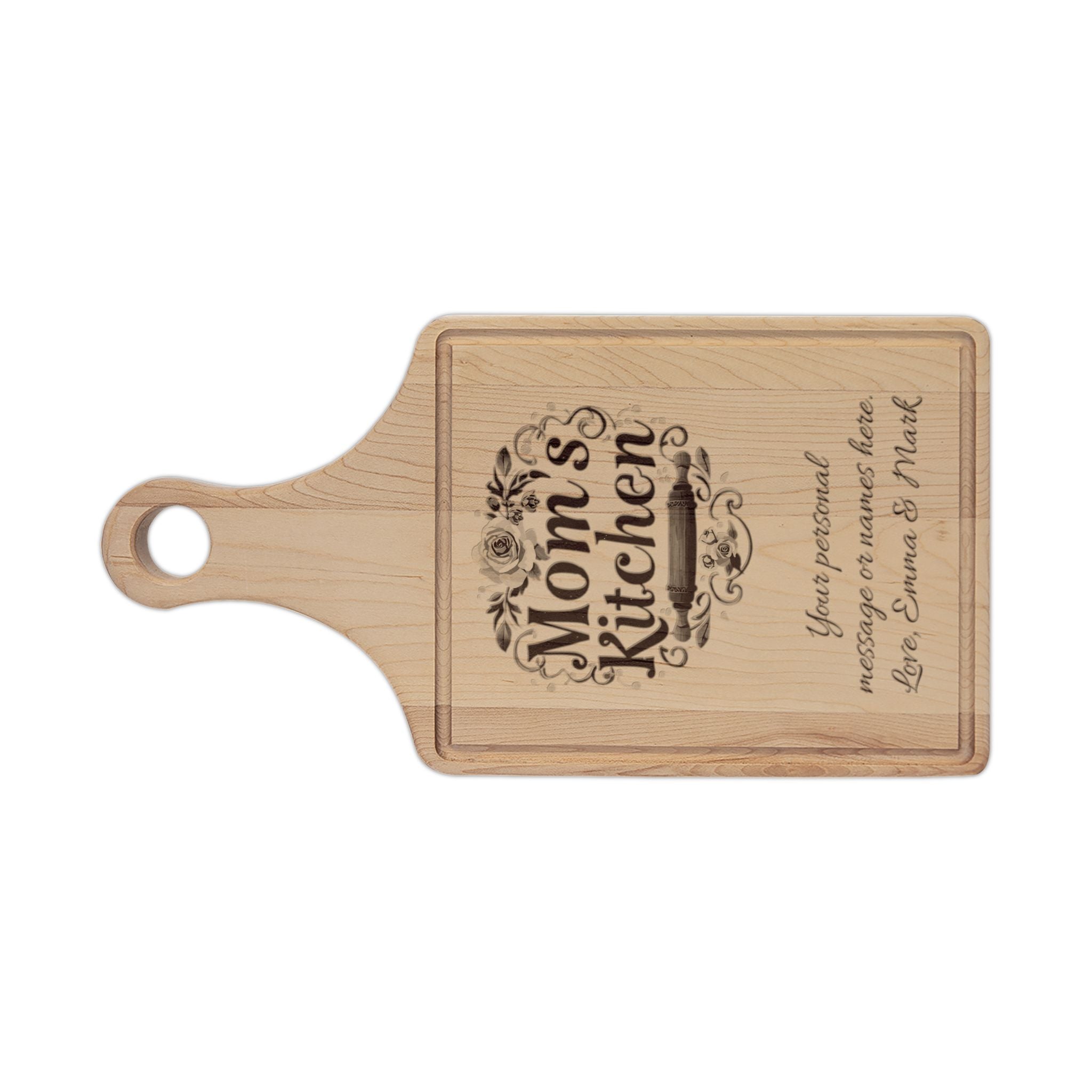 Engraved "Mom's Kitchen" Wooden Cutting Board – Personalized Floral Charcuterie & Serving Paddle, Mother's Day Gift