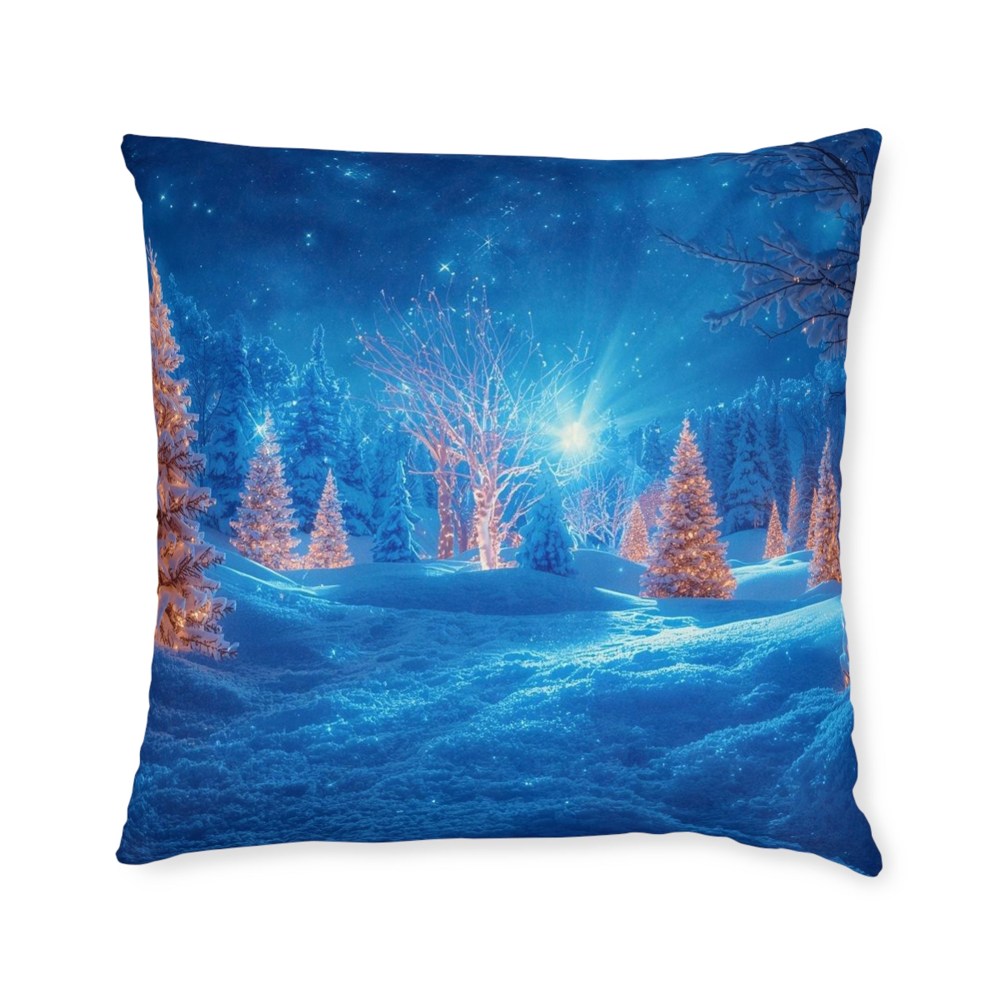 Square Pillow - Wonderland Decorative Pillow Blue Snowy Trees Pink Back