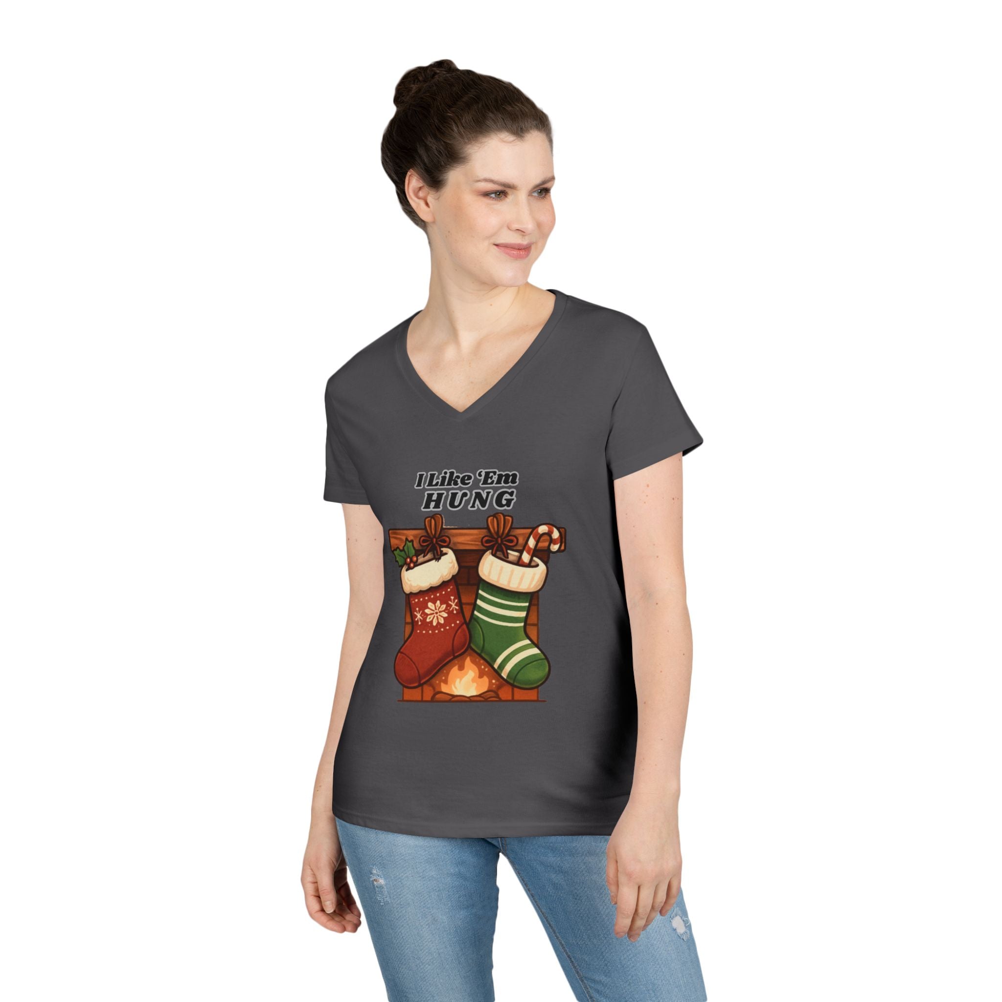 I Like 'Em Hung Christmas Stockings V-Neck T-Shirt | Holiday Stocking Design
