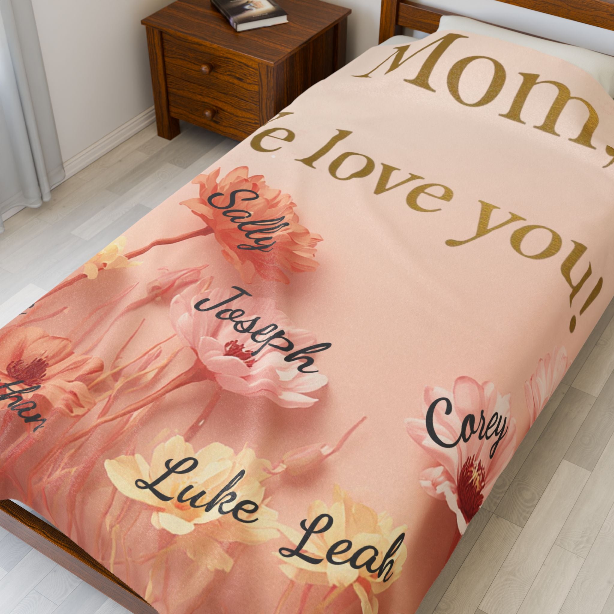 Velveteen Plush Blanket — "Mom, We Love You!" Personalized Floral Family Names Throw