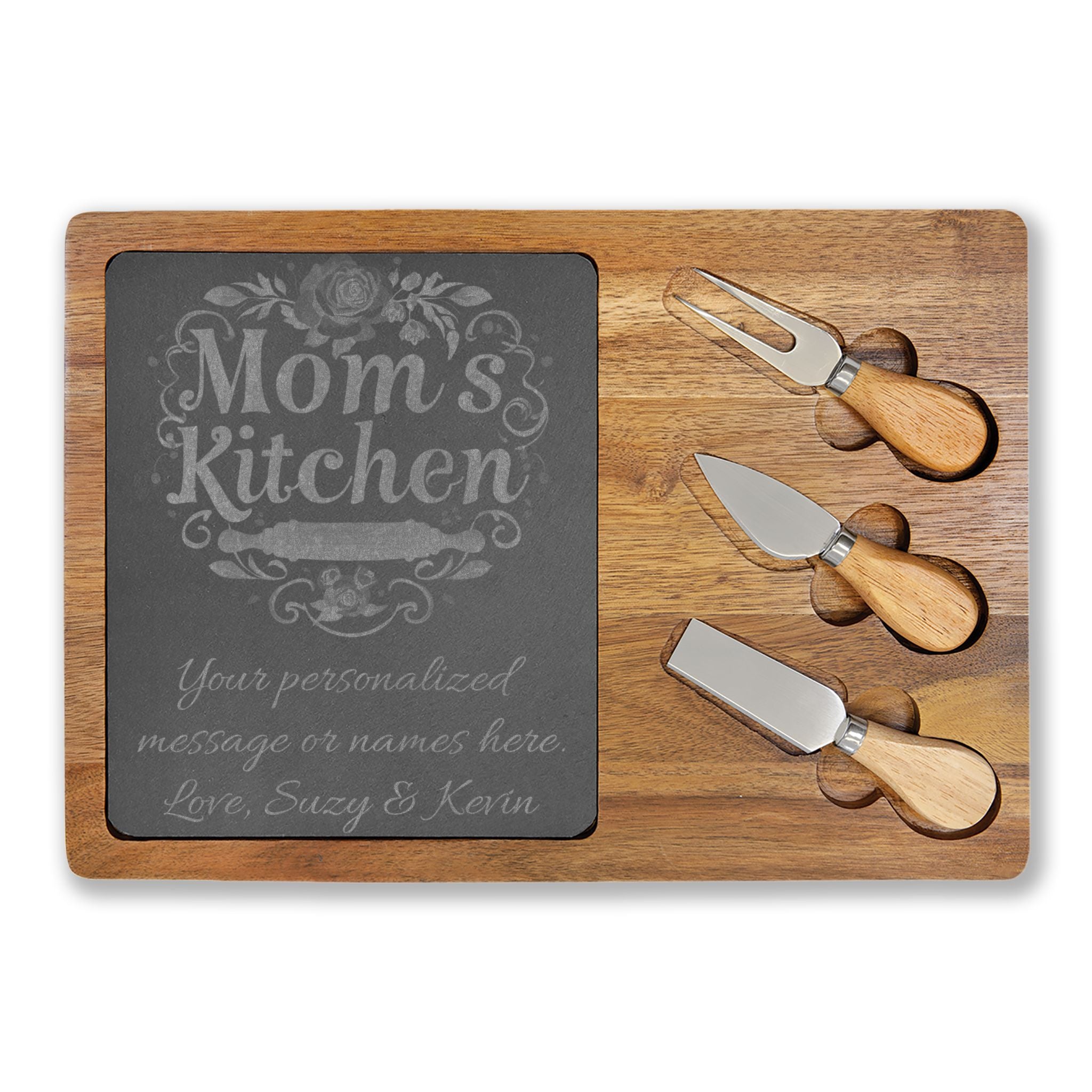 Personalized 'Mom's Kitchen' Engraved Charcuterie Board — Custom Message Cutting/Serving Paddle, Gift for Mother's Day & Housewarming