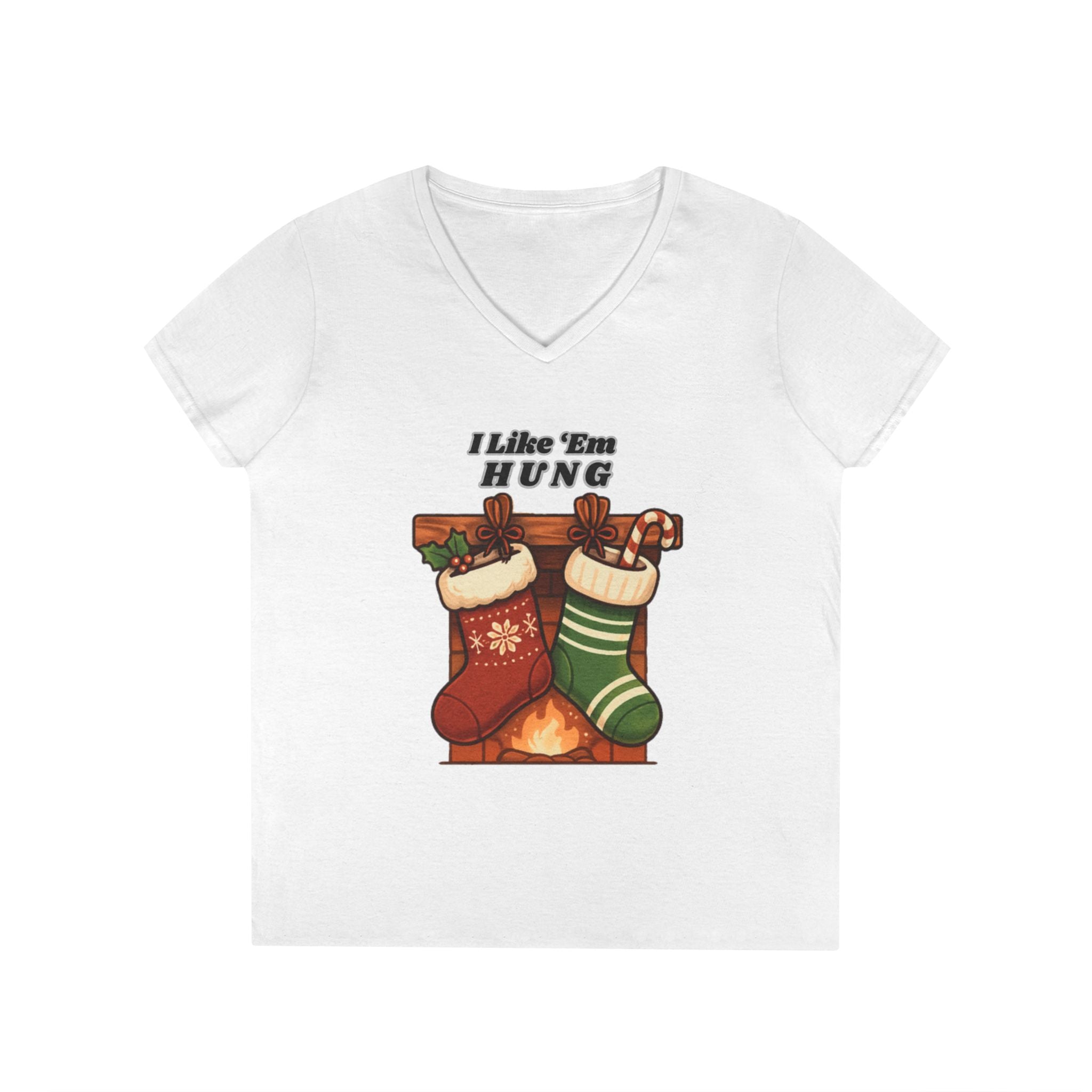 I Like 'Em Hung Christmas Stockings V-Neck T-Shirt | Holiday Stocking Design