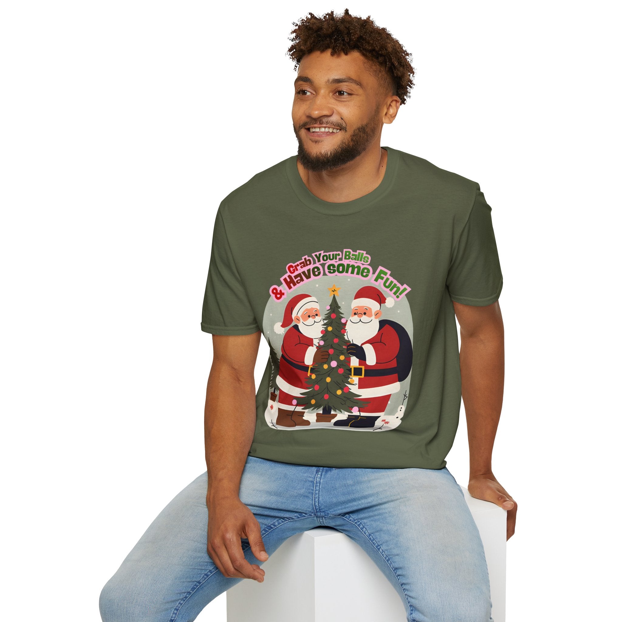 Adult Themed 2 Santa's Christmas T-Shirt — 'Grab Your Balls & Have Some Fun!'