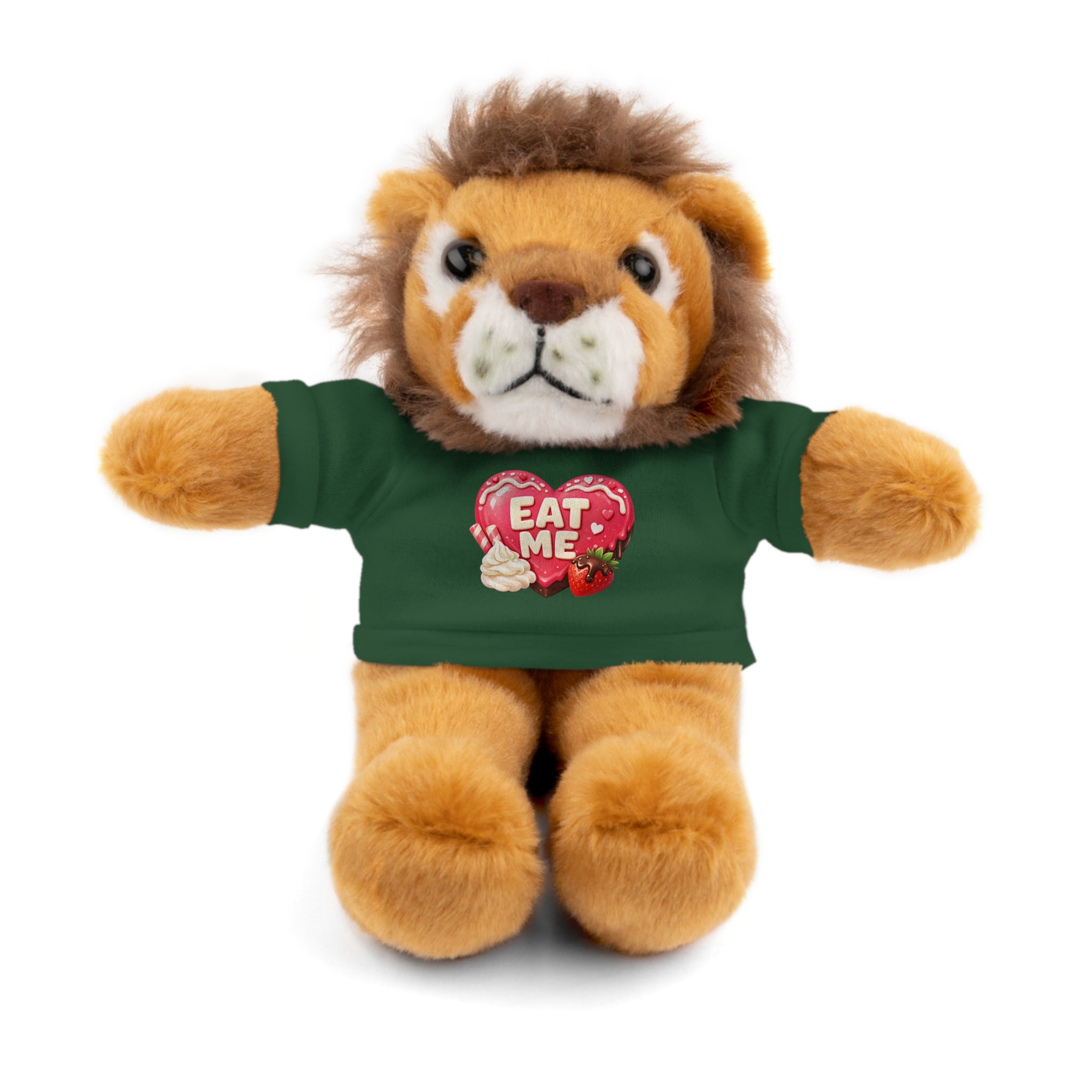"EAT ME" Heart Tee Plush — Cute Brown Teddy, Sheep, Panda or Jaguar Stuffed Animal Gift